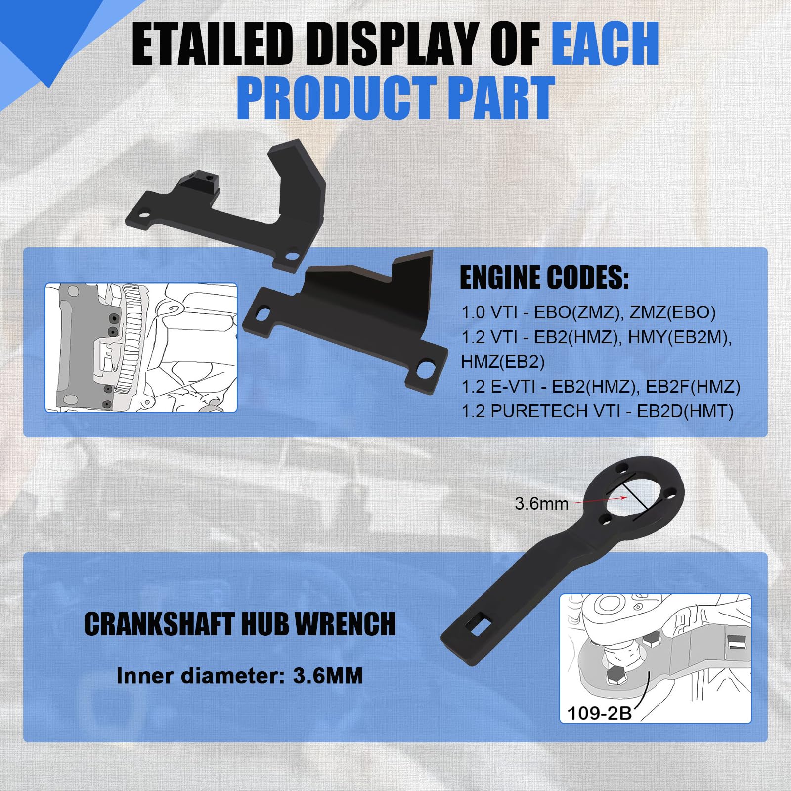 Kit Messa in Fase Motore Strumento Regolazione Compatibile con Peugeot 1.0 VTi 1.2 VTi 108 208 308 2008, Citroen, Opel, Toyota 1.0, 1.2, EB0 (ZMZ), EB2 (HMZ) 0109-2A, 0109-2B, 109-2B, 109-2C, 109-2D