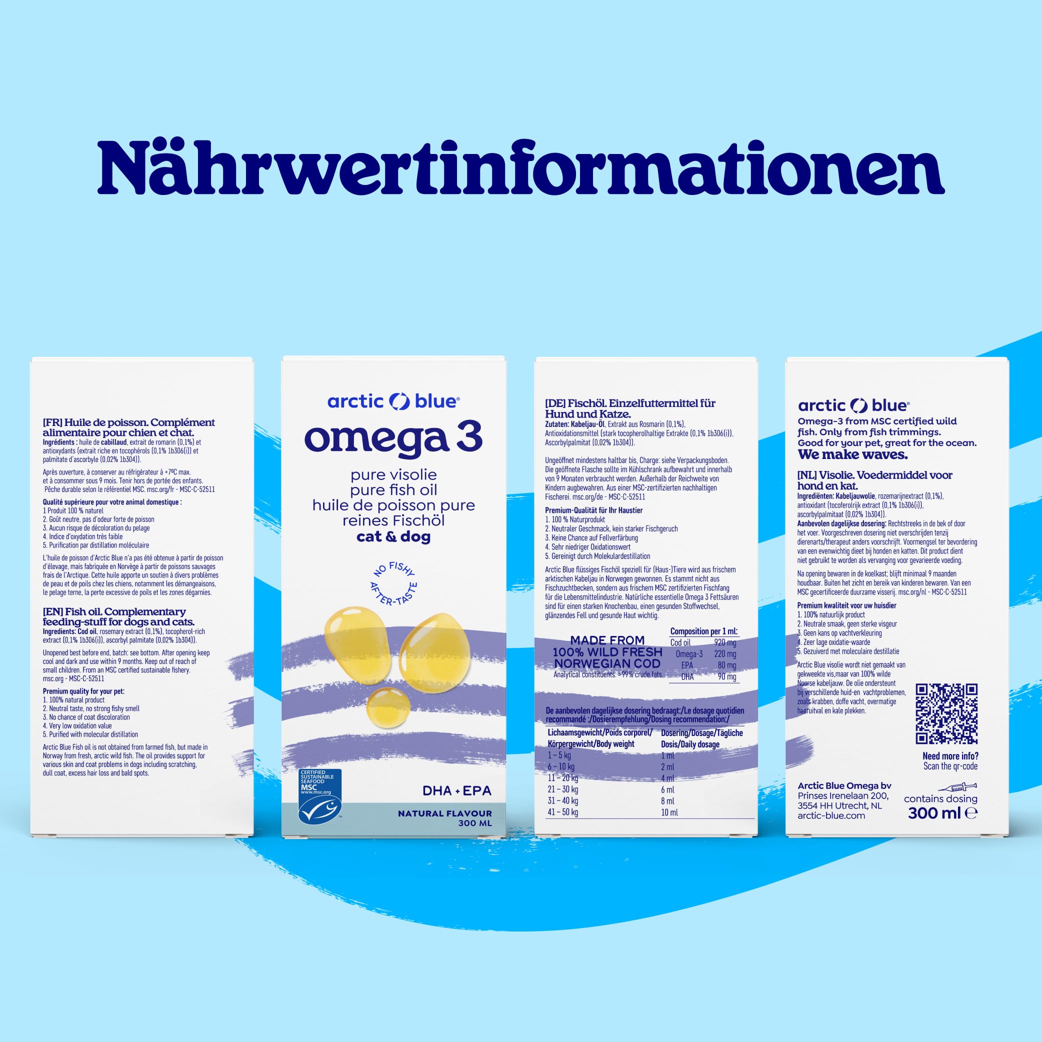 Arctic Blue Premium Omega 3 Fischöl 300ml für Hunde und Katzen in Lebensmittelqualität - Omega 3 & 6 Fettsäuren mit EPA & DHA - Öl für gesunden Stoffwechsel, glänzendes Fell und gesunde Haut