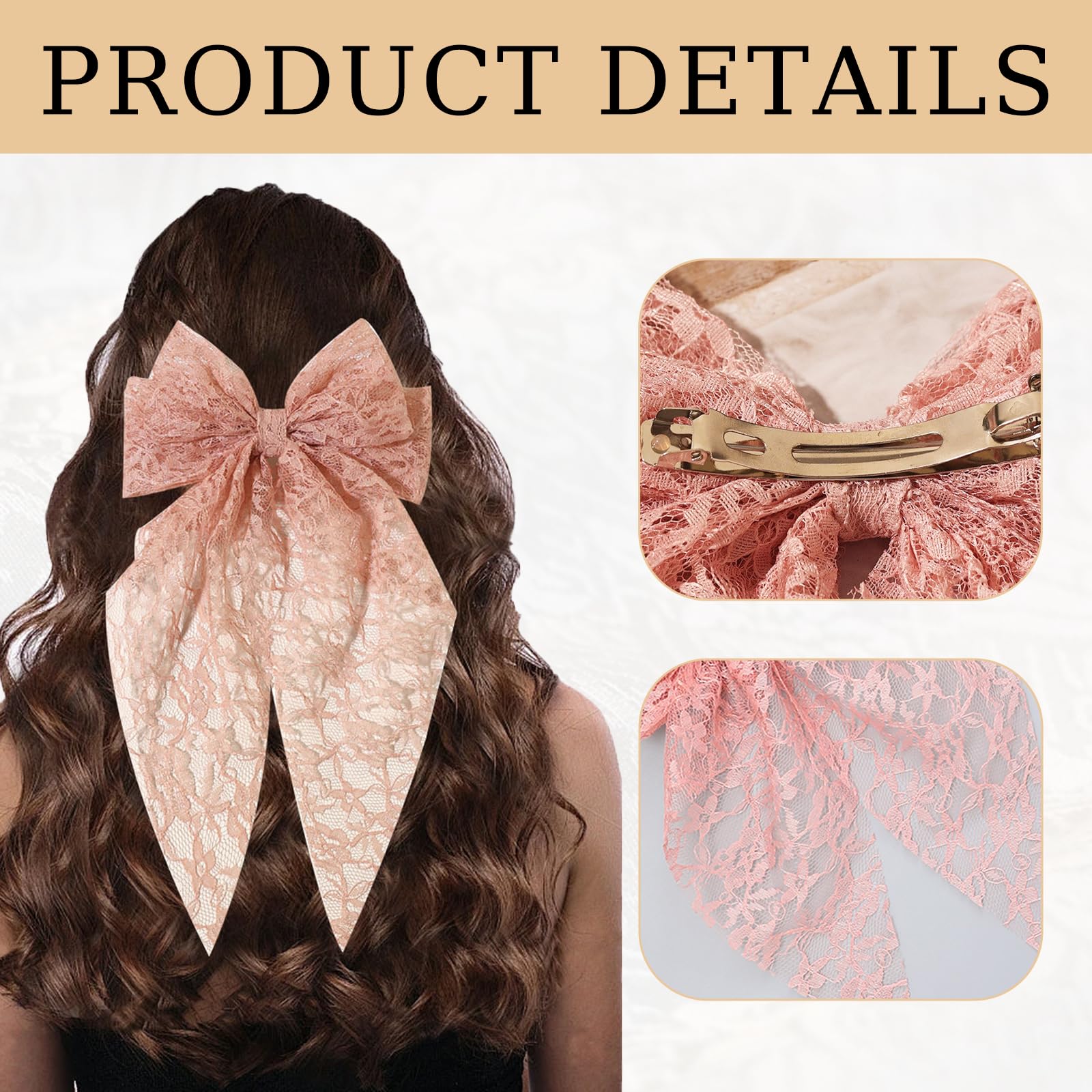 AYNKH 3PCS Lace Big Bow with Long Silky Satin, Soft Double-Layer Gentle Hair Clips, Solid Color French Barrette - Image 3
