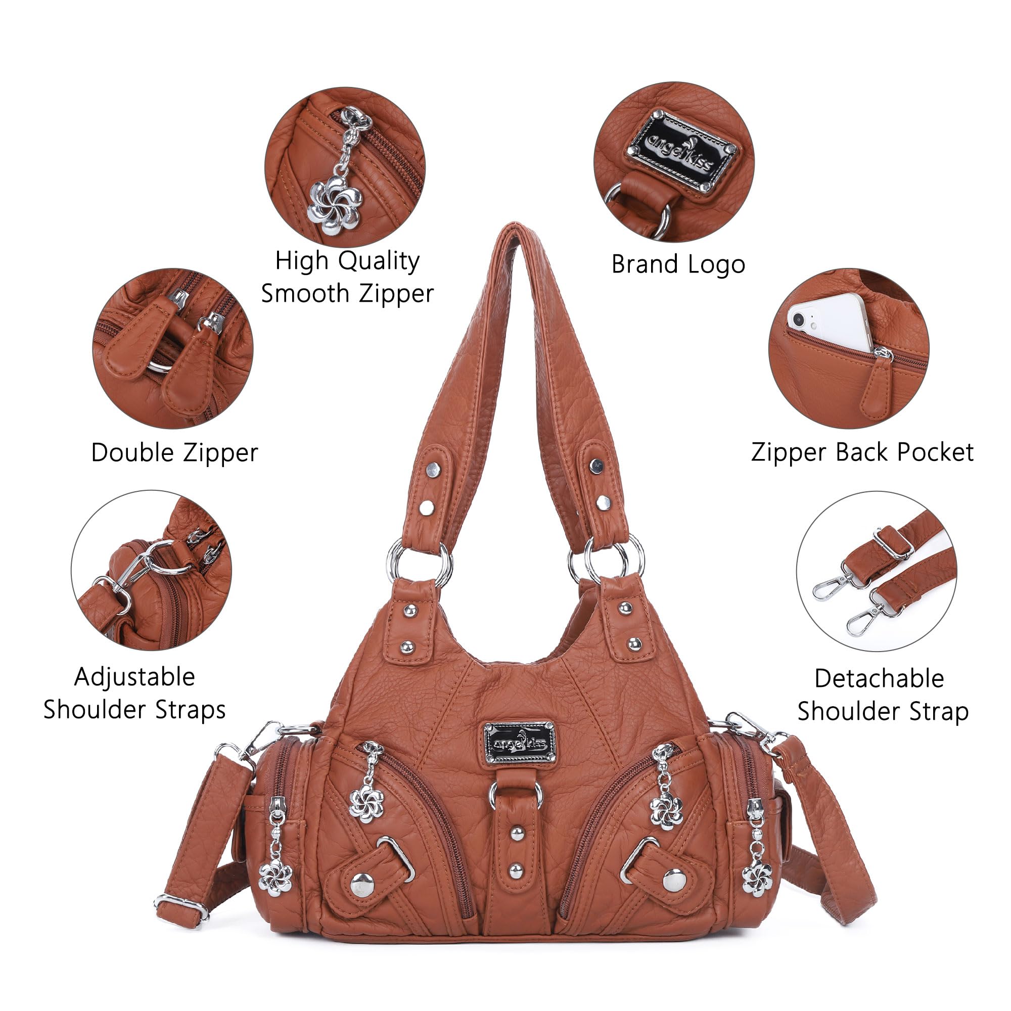 Angel Kiss Purses for Women Small Hobo Shoulder Bags Vagen Leather Multi-Pocket Tote Bag with Zipper: Brown 2