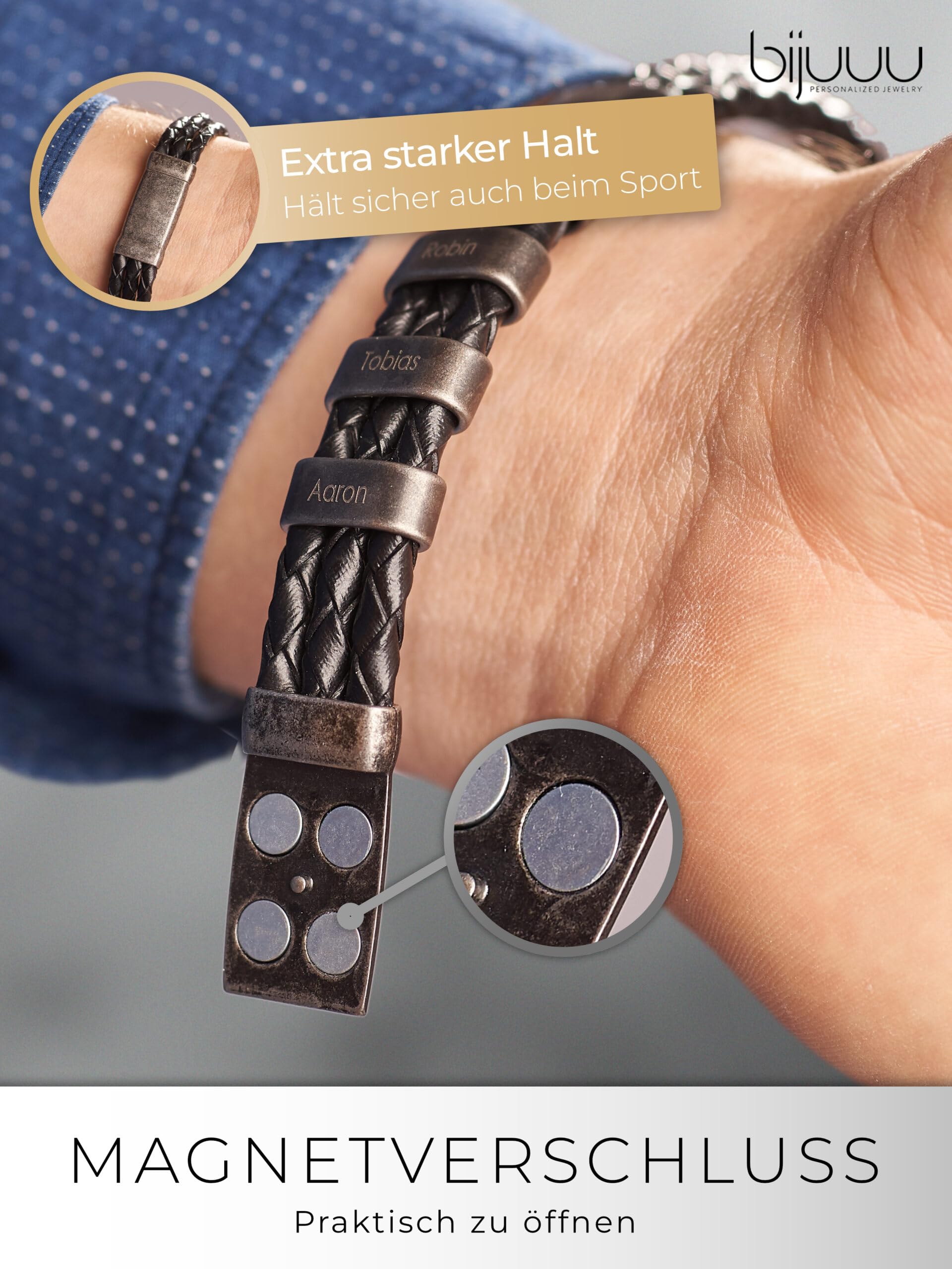 bijuuu Geflochtenes Lederarmband Herren – Echtleder Armband mit Namen – Flechtarmband aus Leder inklusive Gravur – Namensarmband personalisiert aus Rindsleder