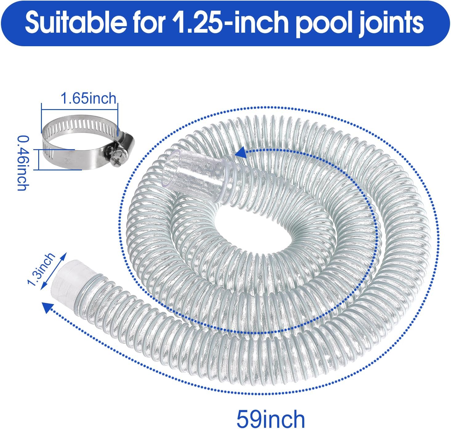 1.25" x 59" Swimming Pool Replacement Hoses for Above Ground Pool Pool Filter Pump Hoses Compatible with Filter Pump 330 GPH, 530 GPH, and 1000 GPH with Metal Clamps Fits For 607, 637 (White-4)