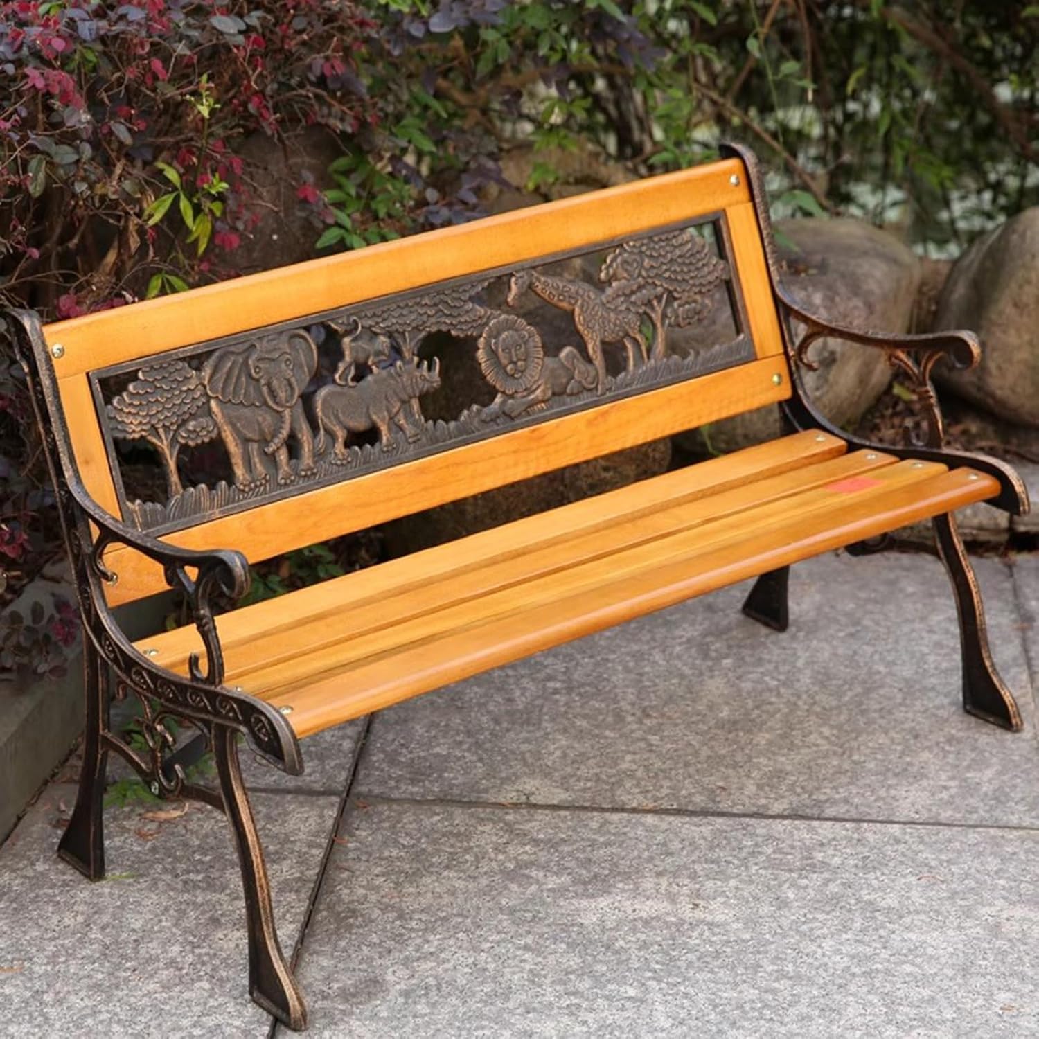 Kids 2 Seater Garden Patio Childrens Bench with Animal Design, Wooden & Cast Iron Mini Sized Park Outdoor Bench