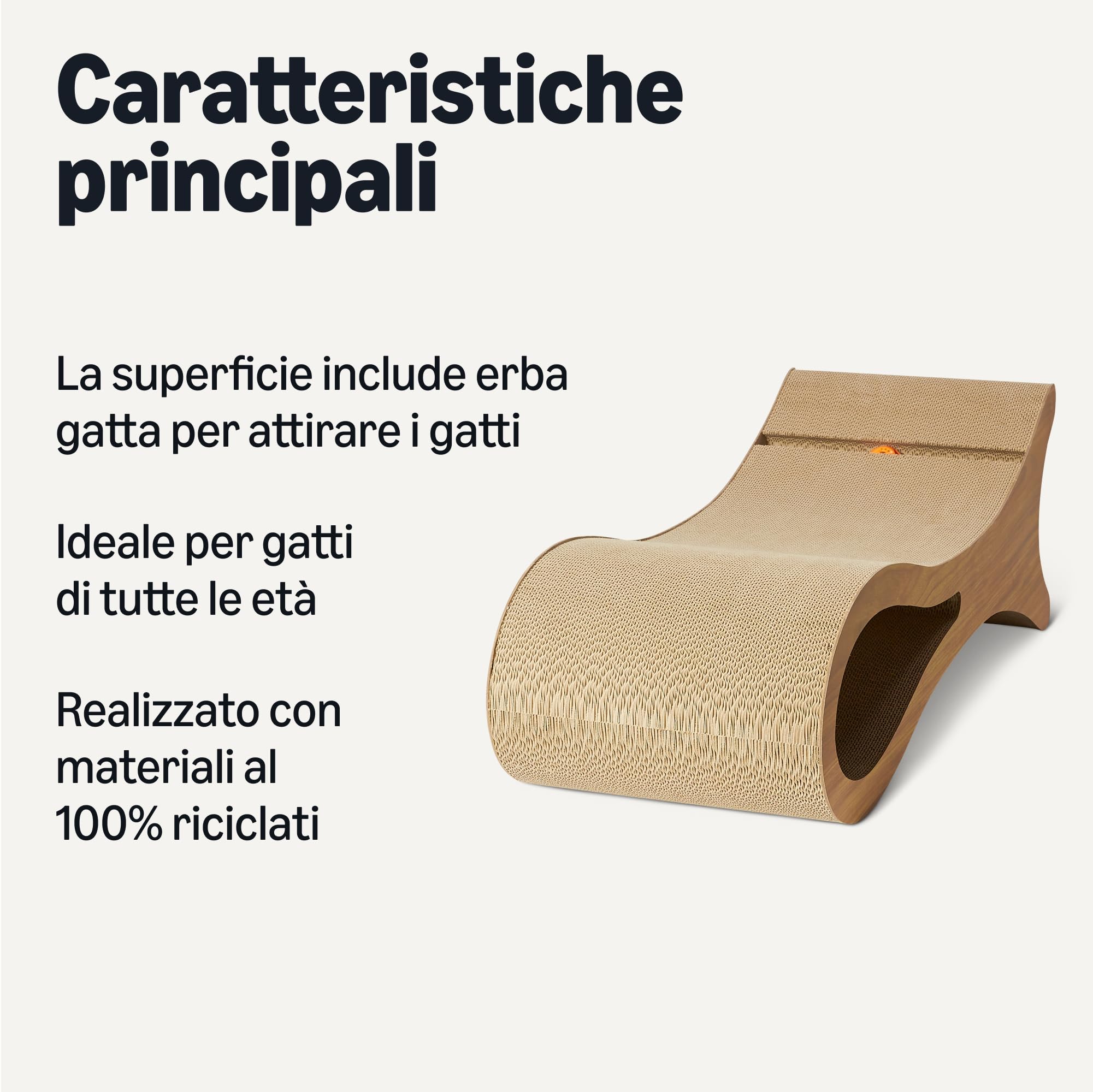 Amazon Basics Cat Scratcher Lettino da salotto per gatti da interno a forma di tiragraffi per gatti,tappetino in cartone ondulato con palla interattiva e catnip,certificato FSC,87,1 x 30 x 30cm, legno