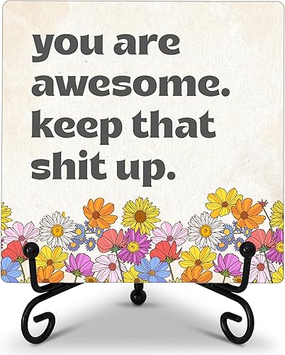 Decoración de escritorio con cita inspiradora, You Are Awesome Keep That Shit Up, letrero de placa de madera con soporte de hierro, regalos de
