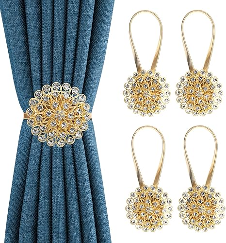 Alzapaños magnéticos de cristal, paquete de 2 soportes para hebilla de cortina de cristal, alzapaños de cortina de flores brillantes con cuerda de