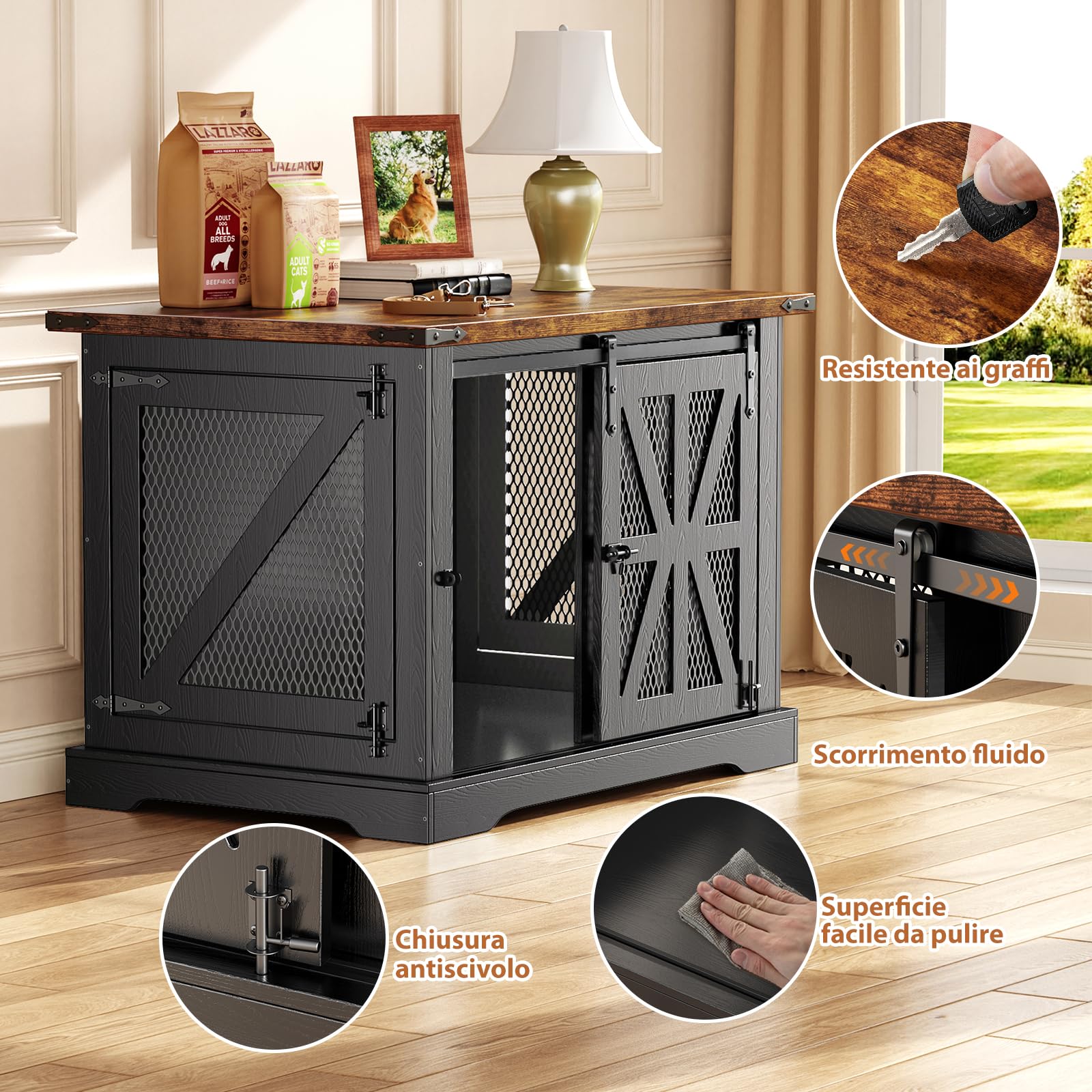 Cage pour Chien, Cage de 73 cm, 3 Portes, Porte Coulissante, Maison Moderne en Bois pour Chien, Chiens de Petite Taille et Chiots, Design Renforcé, 73x51x60 cm, Noir