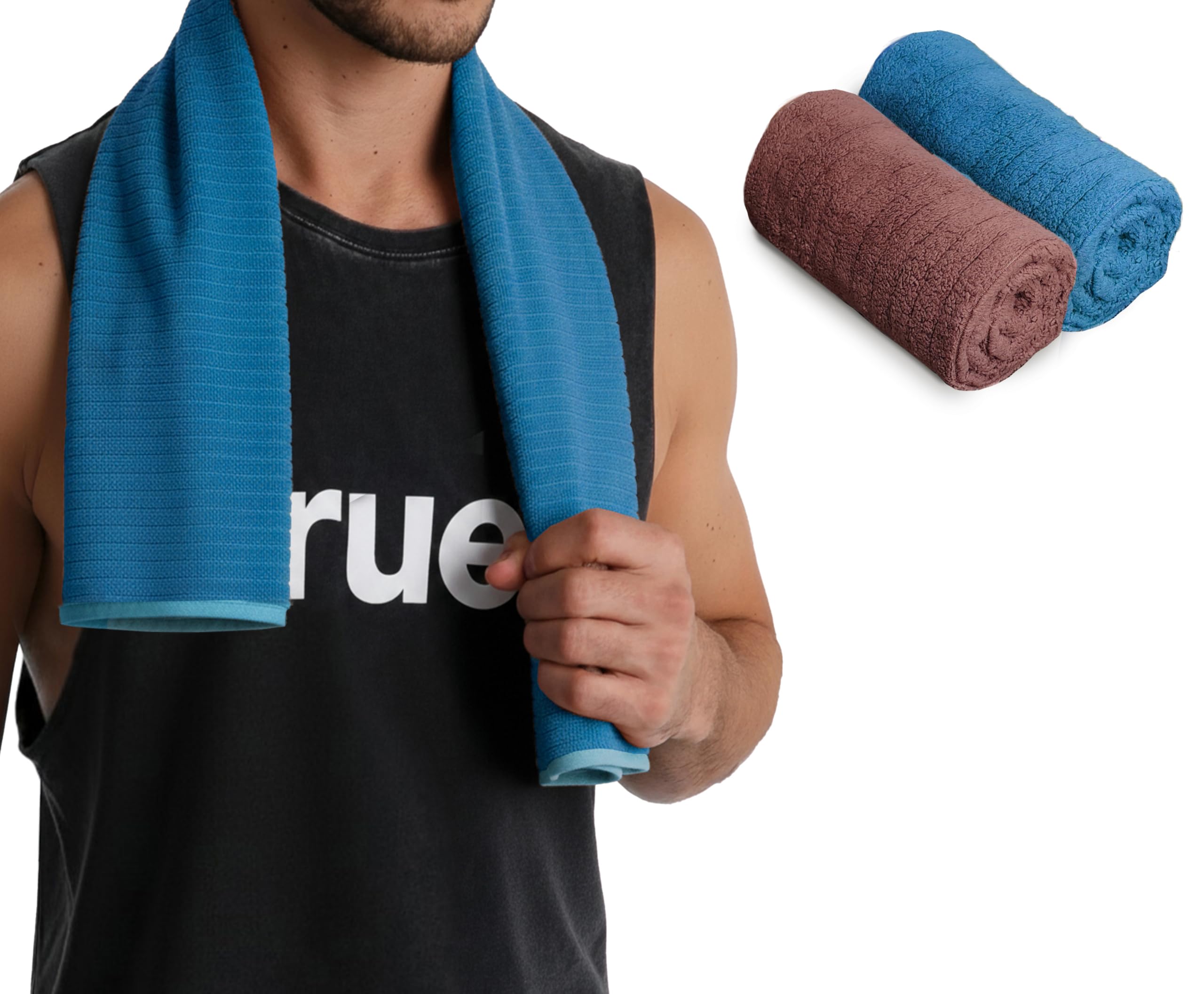 UrbanLeaf 2 Pcs Self Stripe Microfiber Gym Towels, Hand Towels, Lightweight Sports & Workout Towels for Gym, Running, Yoga, Travel & Fitness, Quick-Dry Workout & Yoga Towels, 40 x 60 cm (Blue & Brown)-image-1