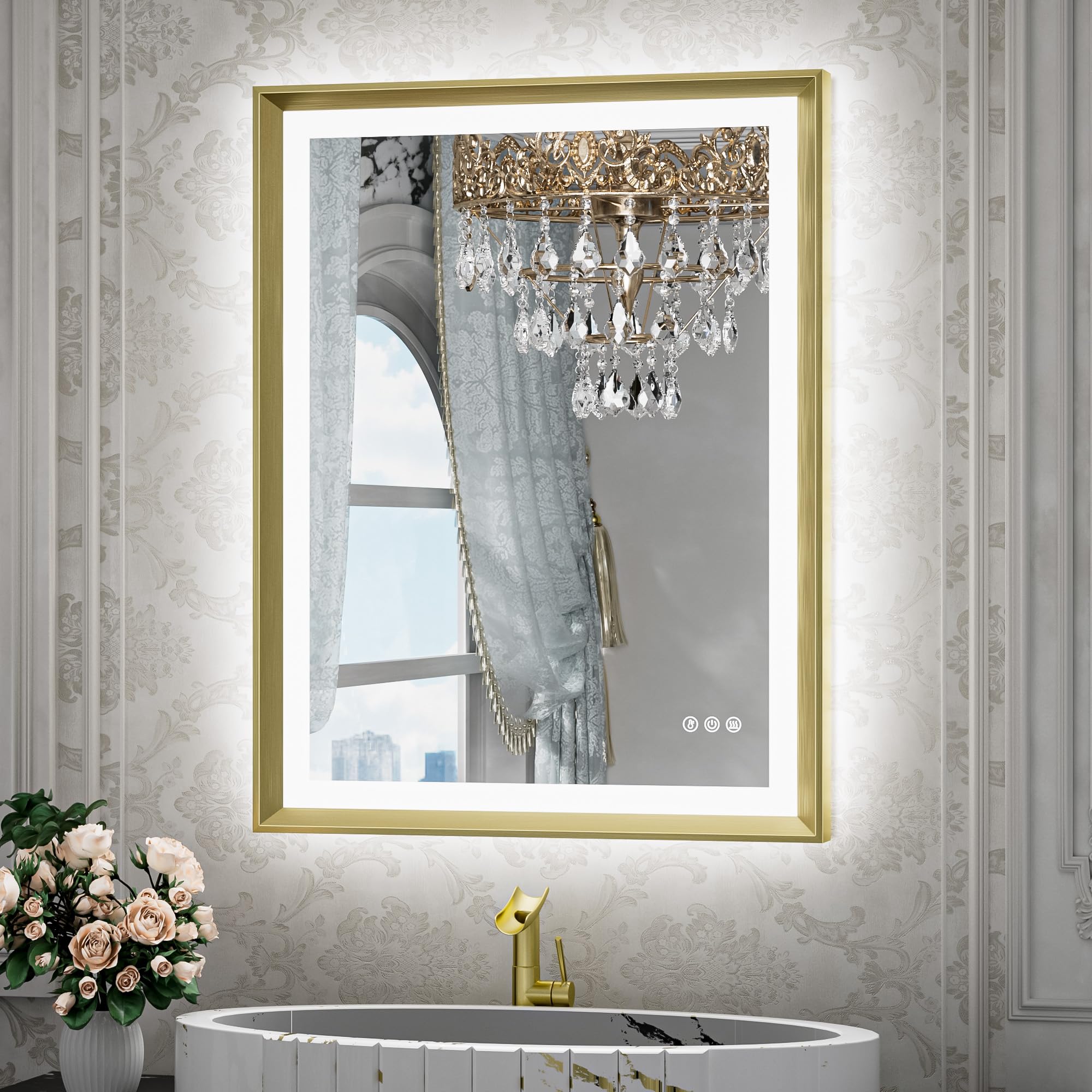 TETOTE Gold LED Mirror for Bathroom 24x32 Metal Frame Frontlit & Backlit Lighted Vanity Mirror Baroque Anti Fog Stepless Dimmable White/Warm/Natural,CRI90+,Wall Mounted(Horizontal/Vertical)