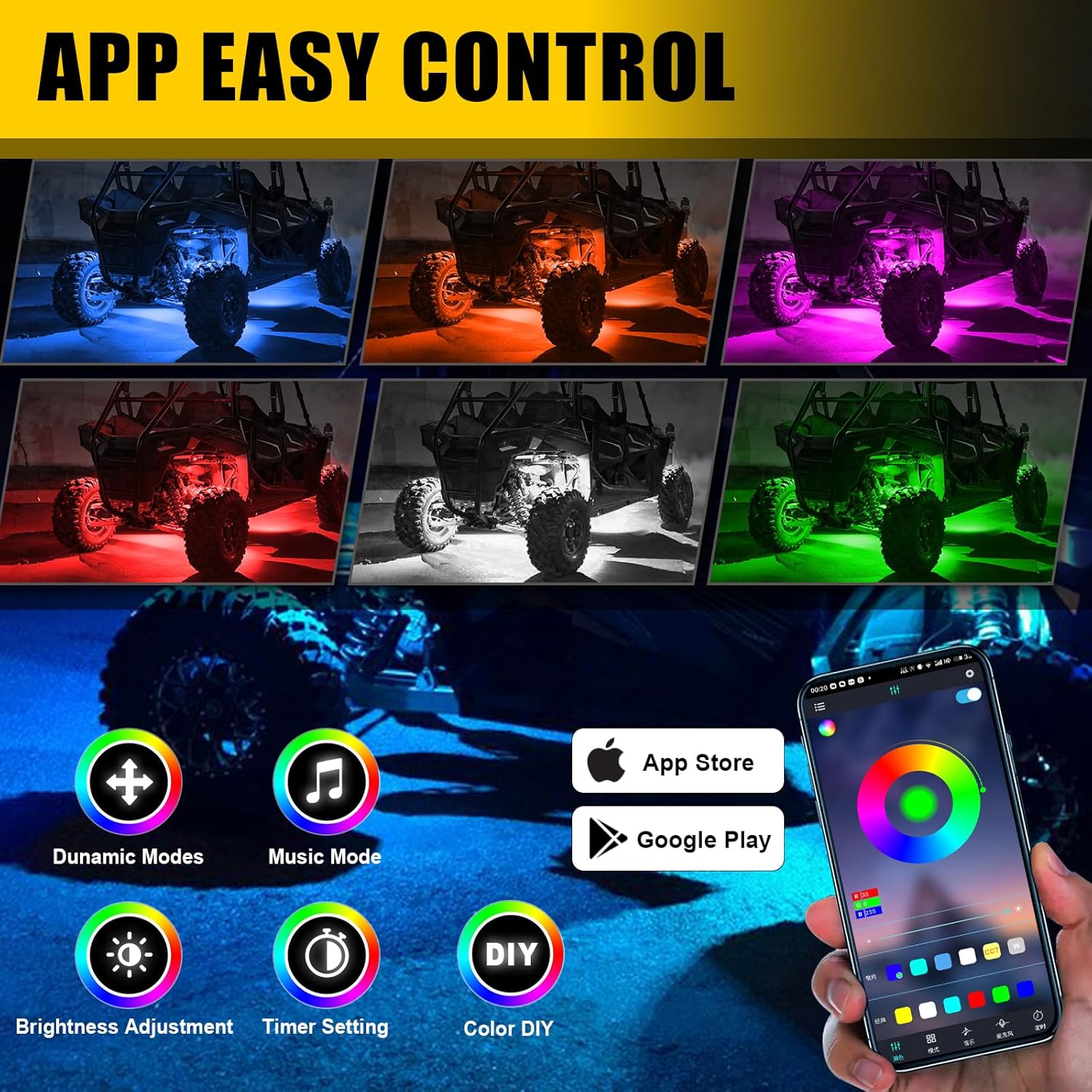 UNIONLUX 8 Pods RGB Rock Lights for Car Truck Jeep ATV UTV, Five Sided RGB Underglow Kits with APP, IP68 Waterproof High Brightness Multilcolor Rock Lights Truck Accessories