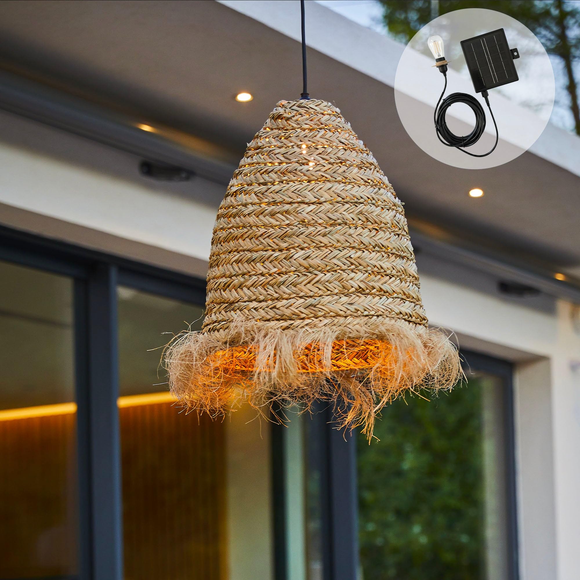 Lumisky ANAFI Solar Pendelleuchte aus Seegras mit Hybridkabel, Netz- und Solarkabel, 5 m Länge