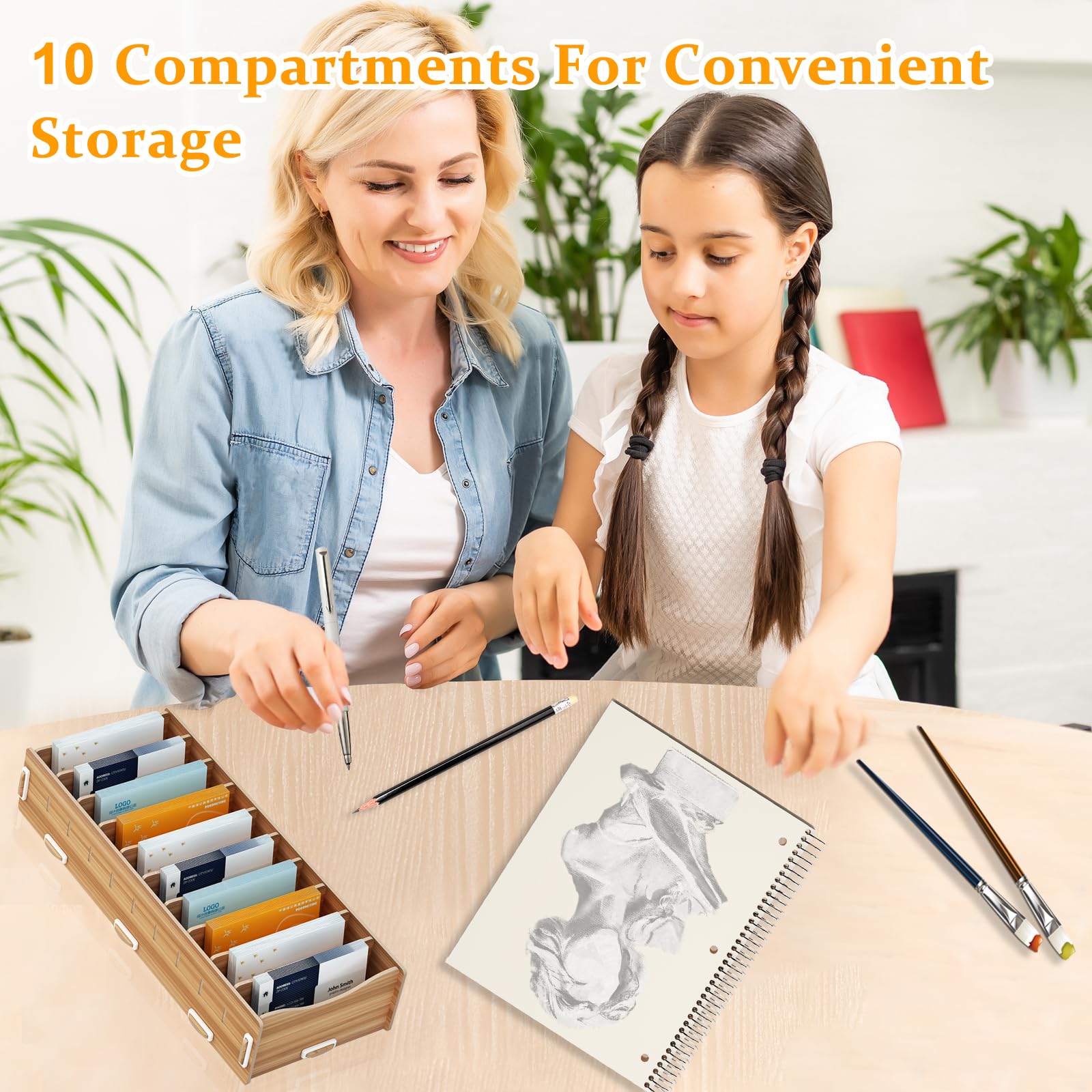 Karteikarten Boxen Holz,Karteikarten Box,Lroße Index Box mit 10 Fächern,9 Herausnehmbar Trennwänden,32x13x6cm Lernkarteibox Holz,für Büro,Schulen Und Heim,Visitenkarten & Büroorganisation