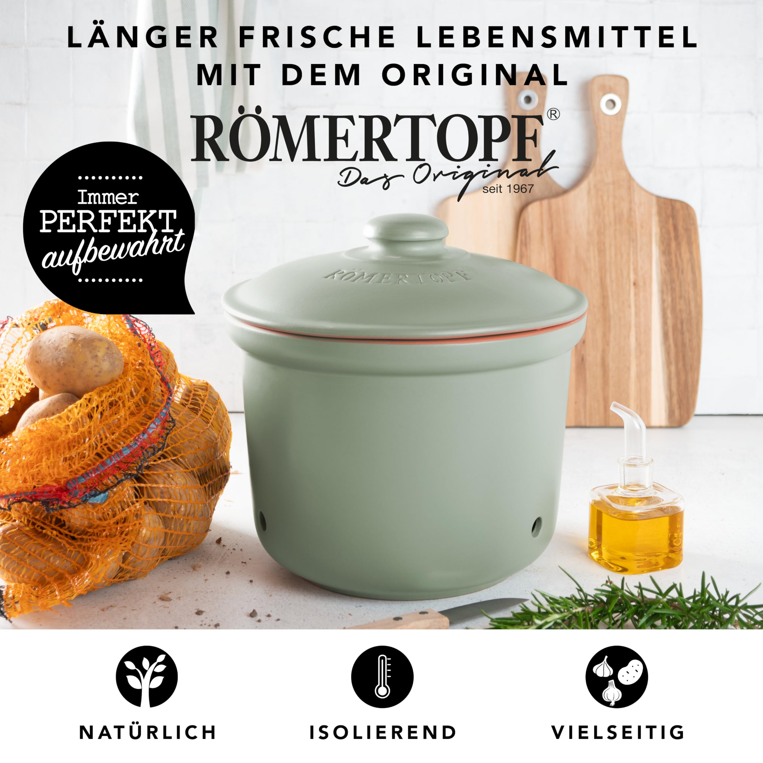 Romertopf Pot fraîcheur MAXI PLUS 5,5 l – Pot à pommes de terre en céramique – Argile respirante pour garder les légumes frais plus longtemps – Circulation de l'air idéale – Vert