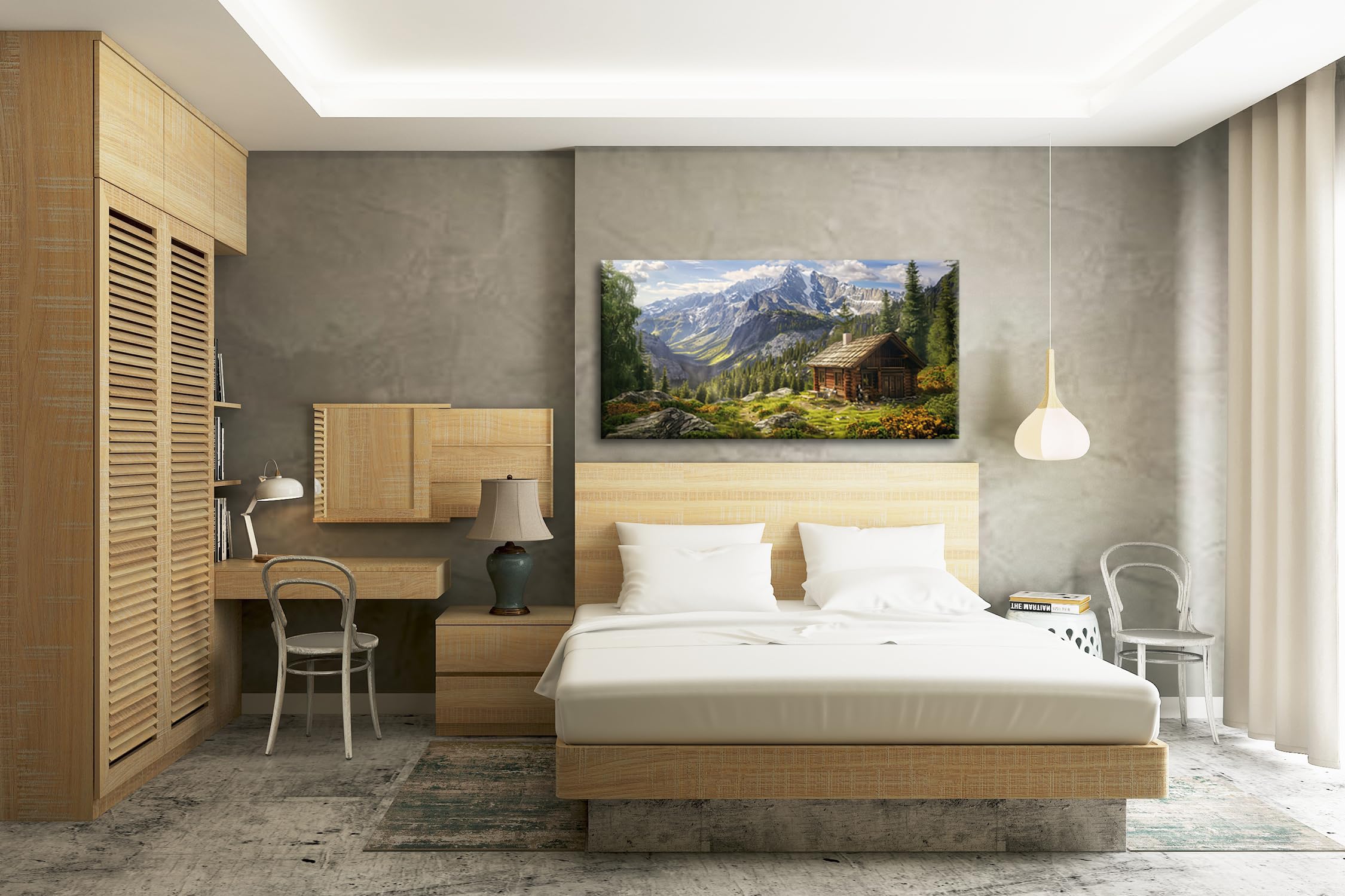 Berghütte mit Panorama, umgeben von majestätischen Bergen Panorama 120x60cm XXL Kunstdruck Motiv auf Holzrahmen/Leinwandbild/Wandbild/Wohnzimmer Dekoration