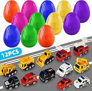 12 Pcs Prefilled Easter Eggs with Alloy Cars, Easter Basket Stuffers, Easter Toys Gifts for Boys Girls Toddlers, Easter Egg Hunt Party Favors (3.2”/8cm)