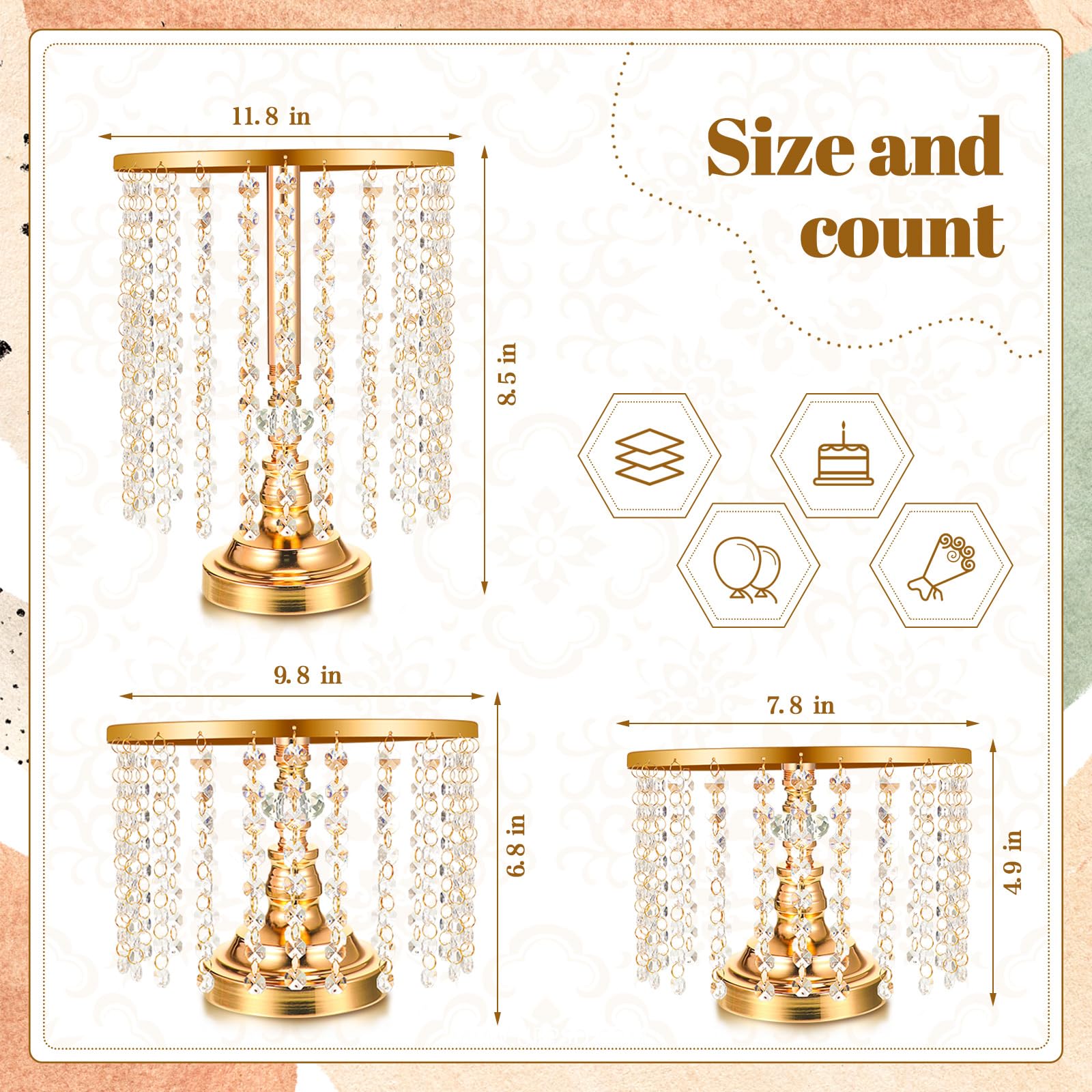 Bokon 6 Pcs Crystal Gold Cake Stand Round Dessert Cupcake Holder Metal Stand Table Cake Pedestal with Crystal Pendant and Wedding Bead Dessert Cupcake Pastry Display Plate for Wedding Birthday Party