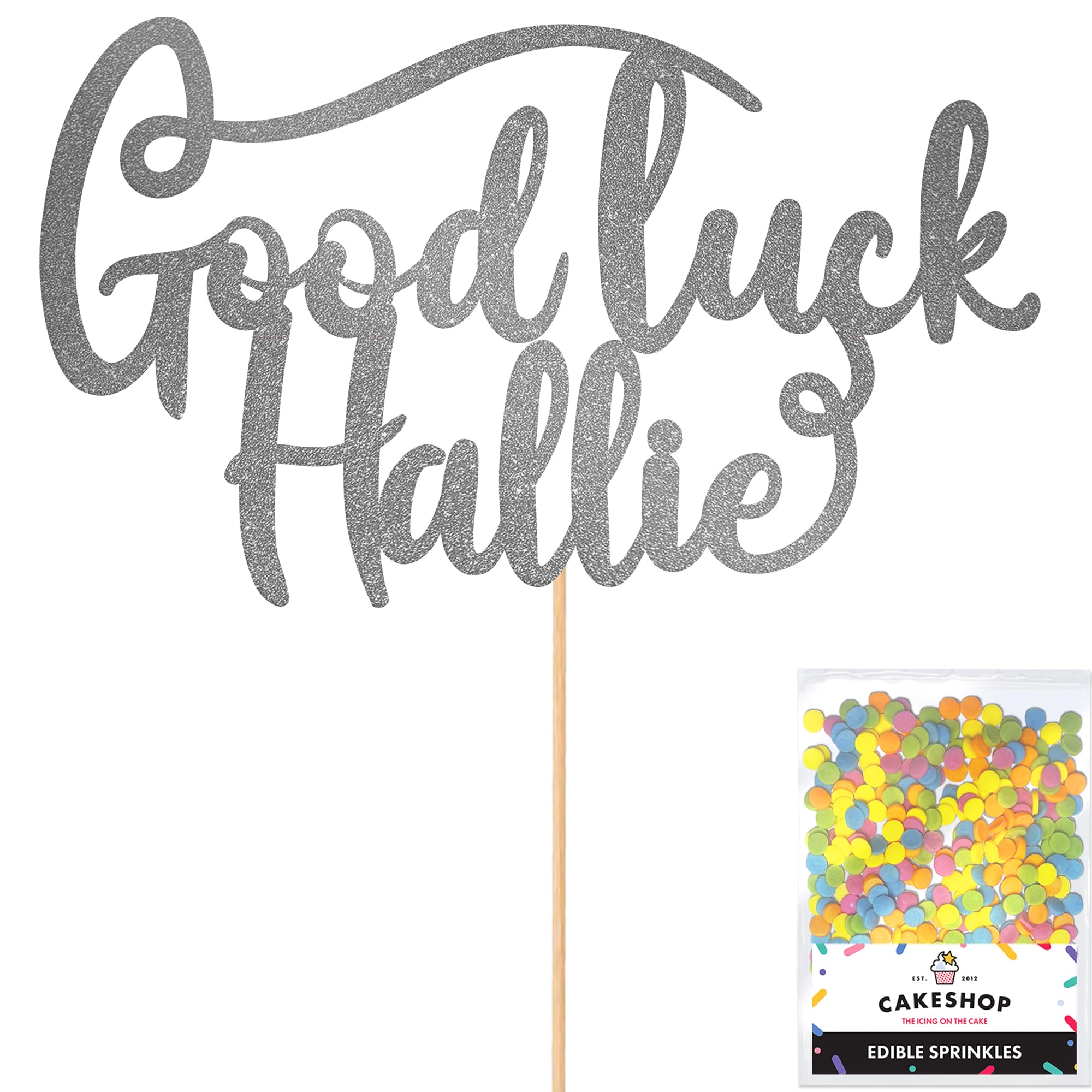 Cakeshop Personalised Good Luck Glitter Cake Topper With Sprinkles - Dark Silver Custom Colour - Any Name - Double-Sided Glitter Card Cake Decoration - Custom Toppers for Cakes
