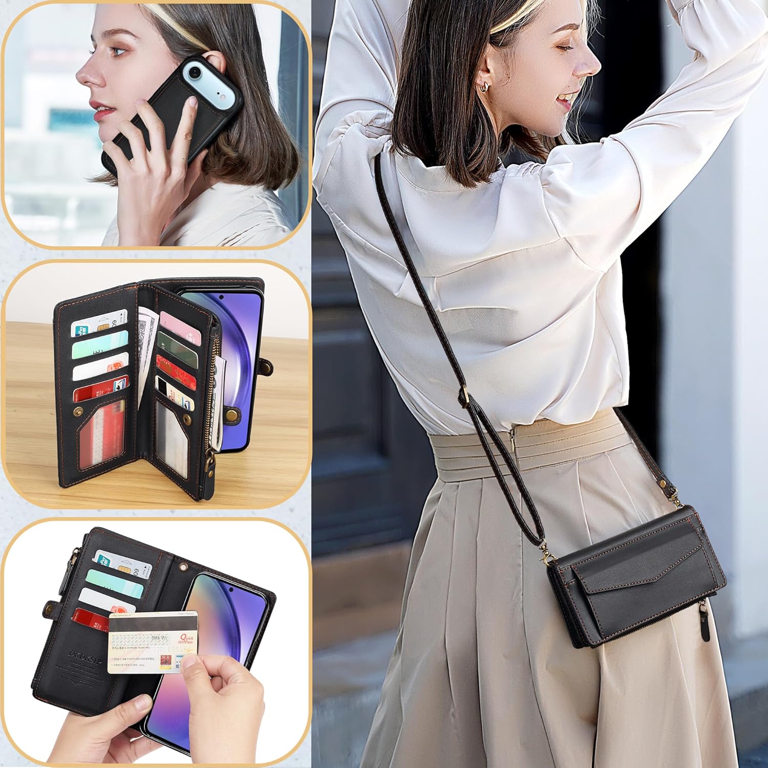 Compatible with iPhone 17 Air Wallet Case with RFID Blocking Card Holder for Women, PU Leather Flip Zipper Wallet Detachable Magnetic Phone Case Crossbody Strap, Black - Image 6
