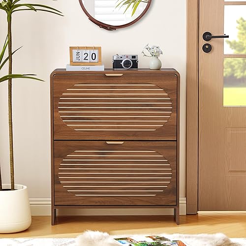 Miniatura 3 de Armario estrecho de almacenamiento de zapatos para entrada con 2 cajones abatibles, zapatero de madera independiente con panel de rayas arqueadas,