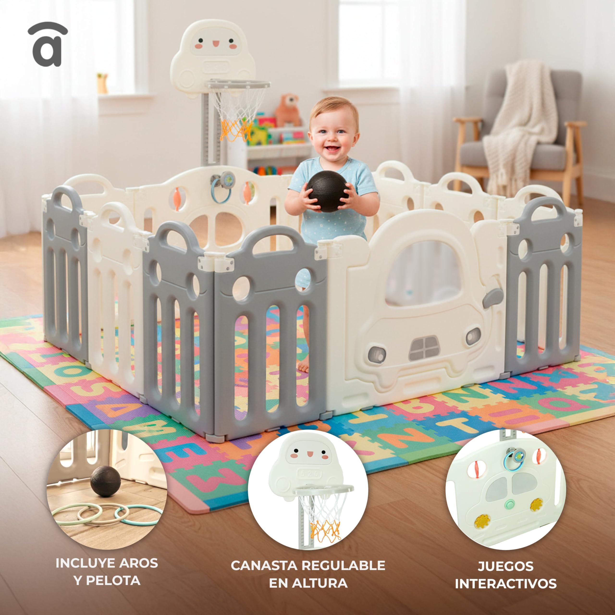 Asalvo Parque Bebé XL 160x120 cm con Canasta y Aros | Corralito Bebé Modular con 12 Paneles y Ventosas Antideslizantes | Parque Infantil Interior Exterior Montessori