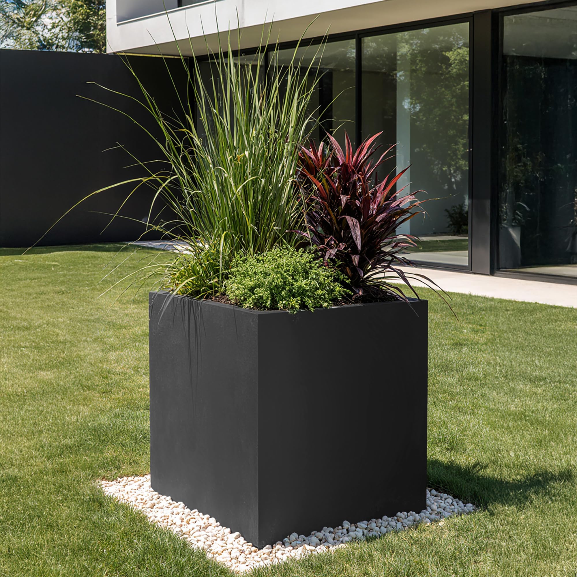 IDEALIST 60cm Large Square Planter for Trees | Dark Grey Reinforced Stone Flower Pot with Drainage Holes H60 L60 W60 cm, 166 litres