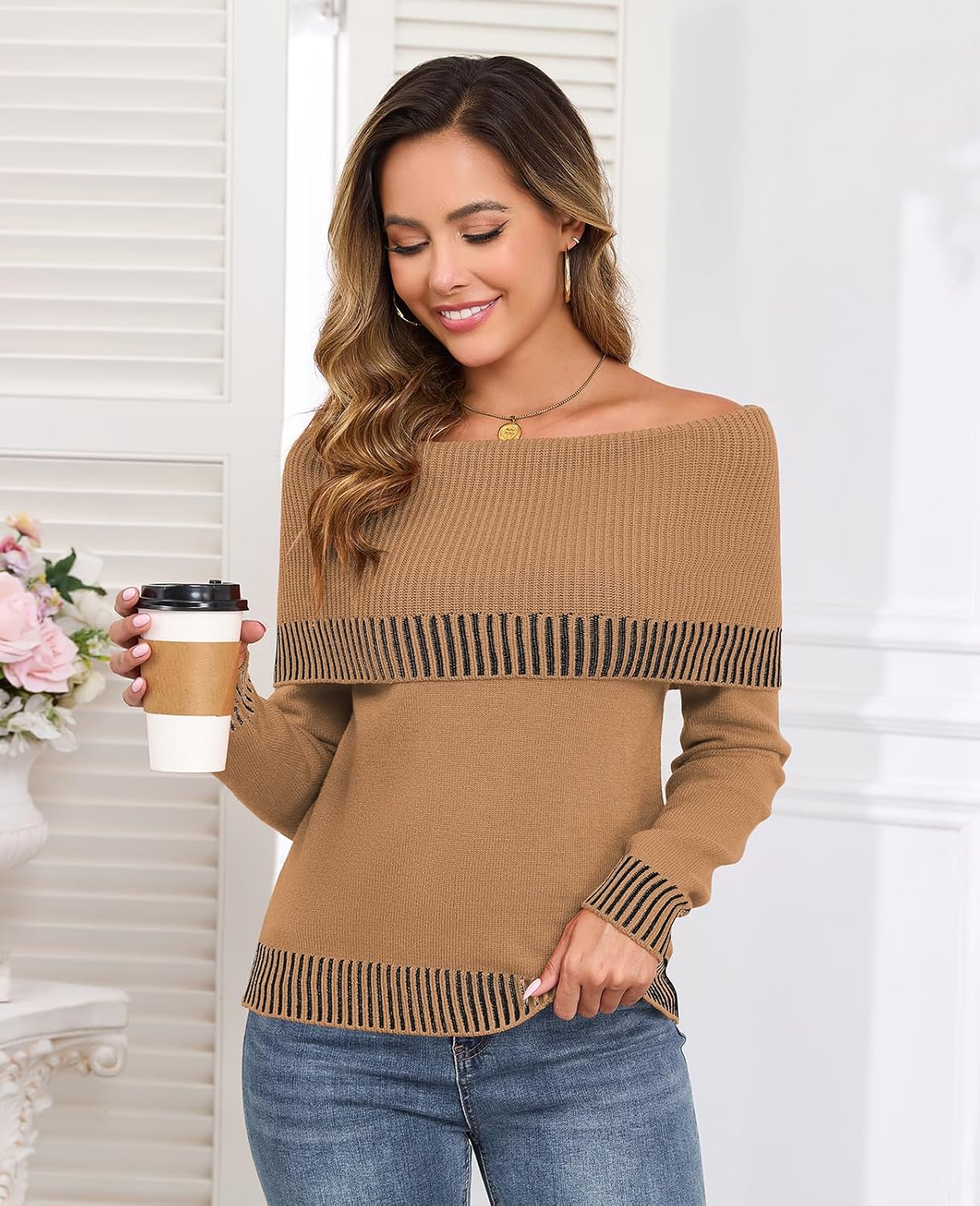 ZAFUL Women's Off The Shoulder Sweater Pullover Knit Cardigan Long Sleeve Loose Going Out Tops - Image 5