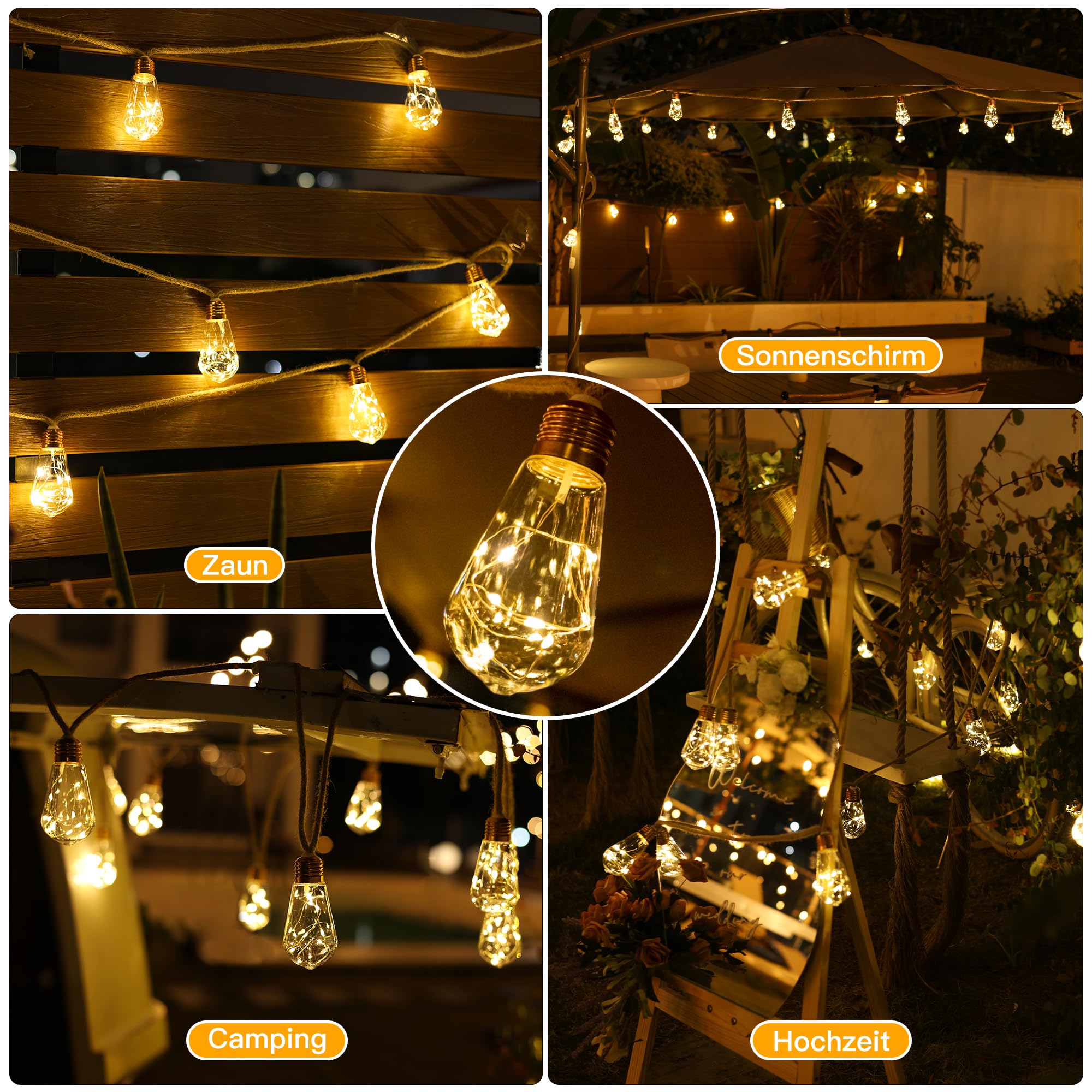 Ollny Solar Lichterkette Aussen, mit 24 S17 Glühbirnen 12M Lichterketten Außen Wetterfest, 8 Modi Timer Dimmbar für Vintage Deko Garten Balkon Terasse Hochzeit Party
