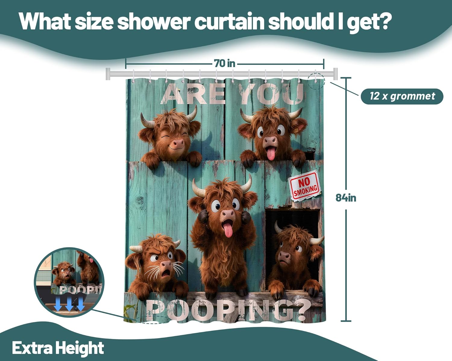 Funny Highland Cow Shower Curtain Country Cow Farm Animal Shower Curtains for Rustic Bathroom Decor Sets, Waterproof Cloth Fabric with Hooks, 72x84 in