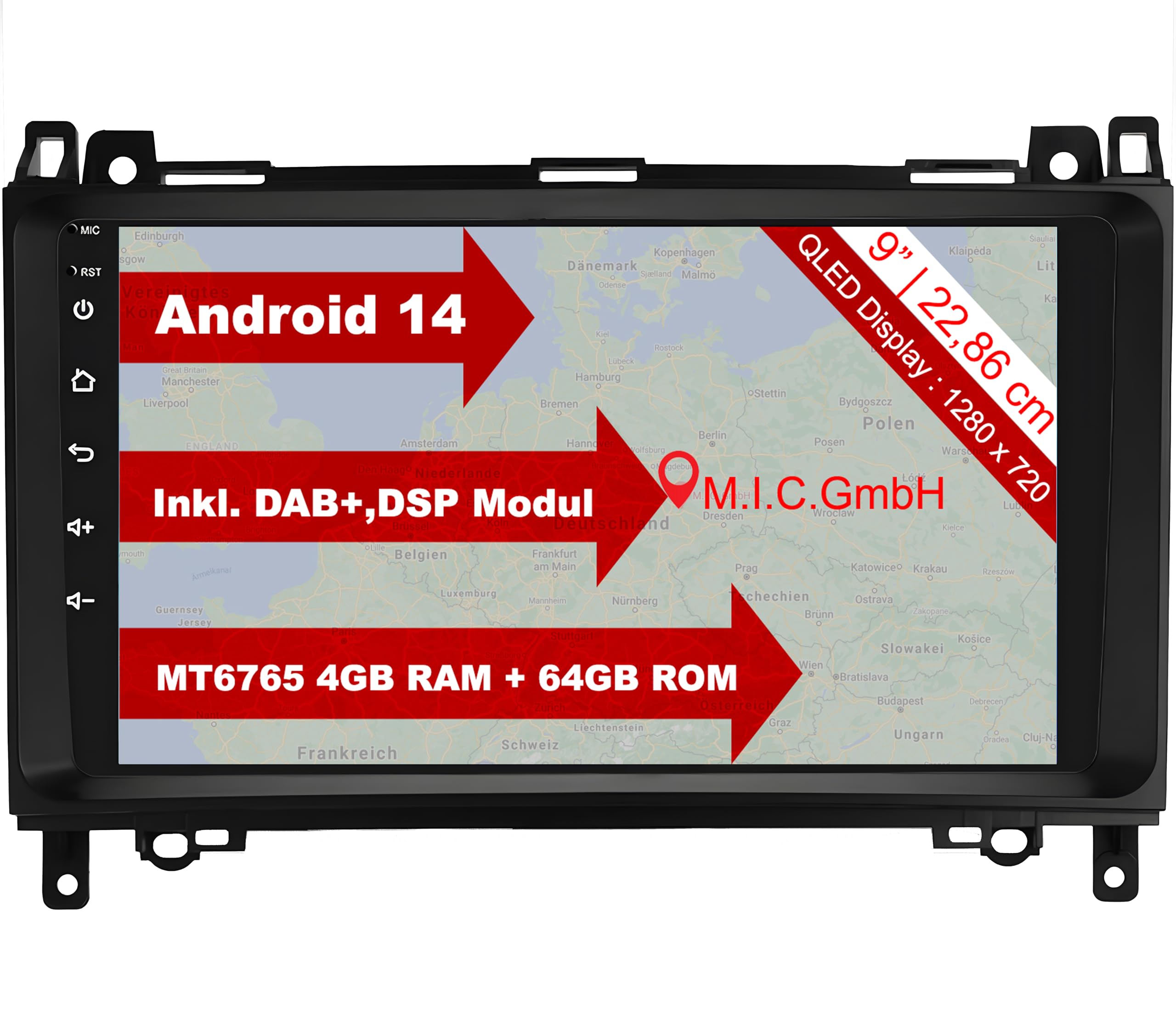 M.I.C. AB9-L2 Android 14 Autoradio mit Navigation: MT6765V,4GB+64GB,9 Zoll QLED,SIM,CarPlay&Android Auto,DAB+, für Mercedes Benz A-Klasse W169 B-Klasse W245 Viano Vito W639 Sprinter VW Crafter