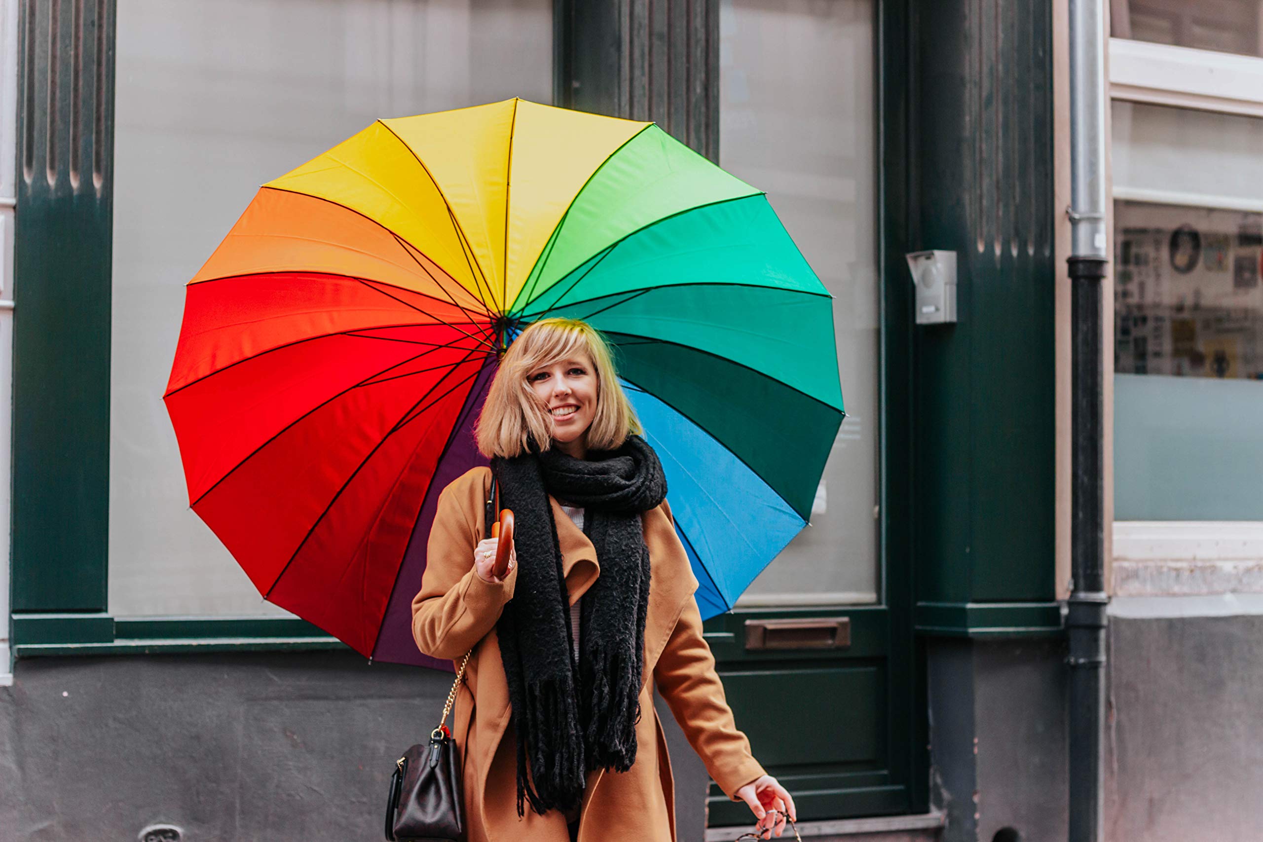 Paraguas Largo XXL para Dos Personas – Arco en Cielo – Happy Rain – Paraguas Largo con caña, 130 cm de diámetro, Muy Resistente, 16 Varillas, Multicolor