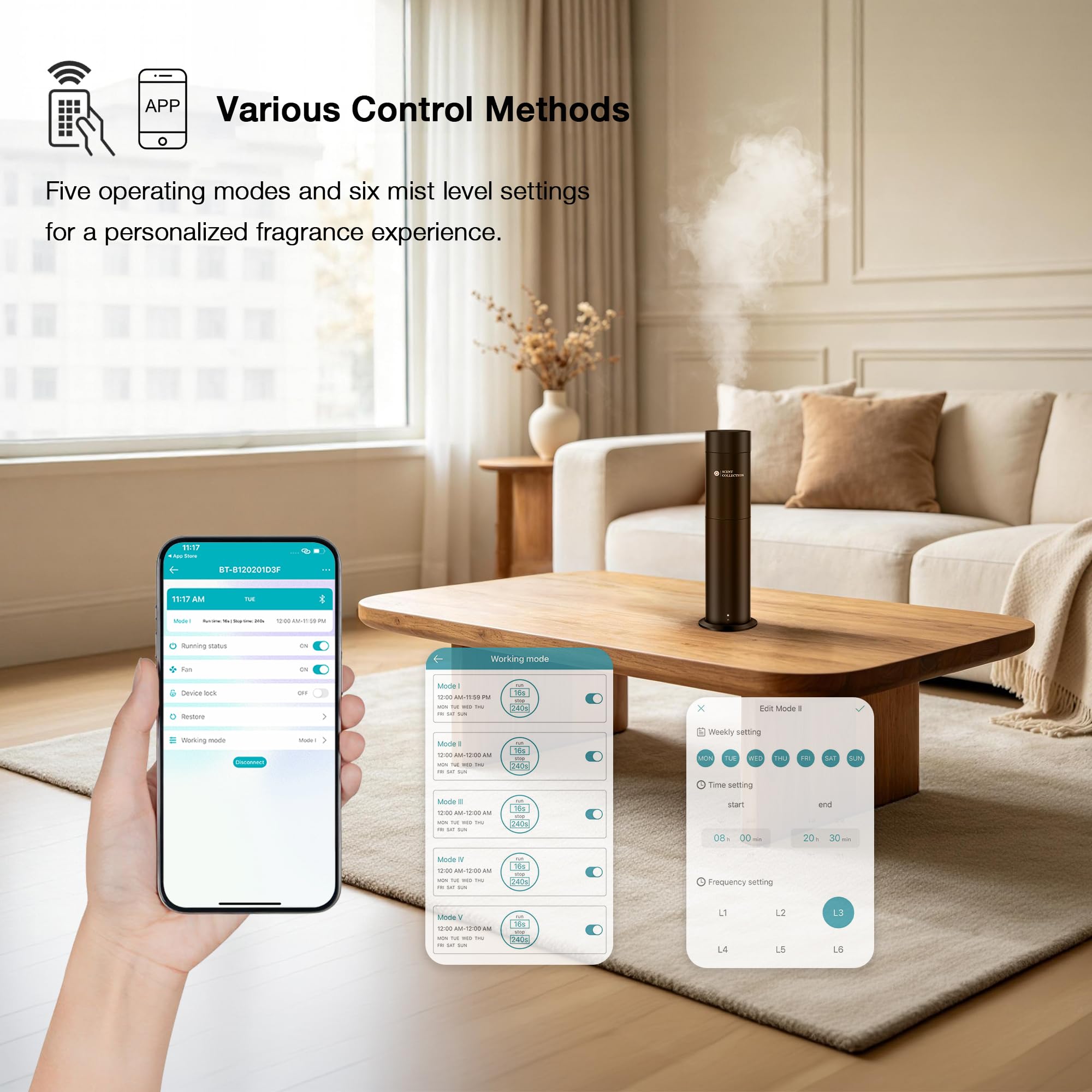 Hotel Wasserloser Duftdiffusor mit 6 Duftölen, deckt bis zu 250 m² ab | Kaltluft-Duftdiffusor mit APP-Steuerung, 6 Duftöle, offenes Flaschendesign, leiser Betrieb, für Zuhause/Büro/Hotel usw.