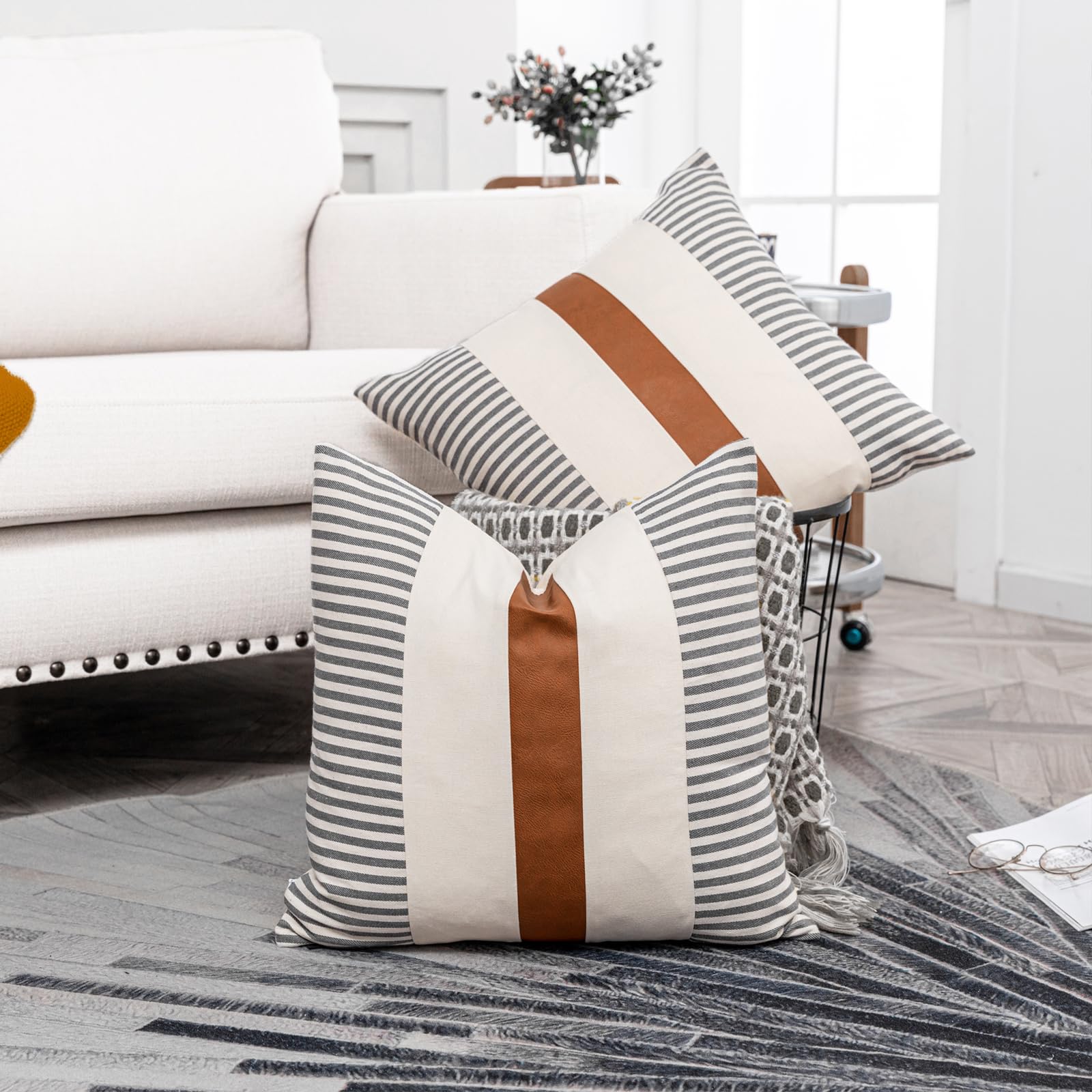 Set di 2 federe per cuscini beige, 45 x 45 cm, colore marrone grigio con pittura astratta, per divano, letto