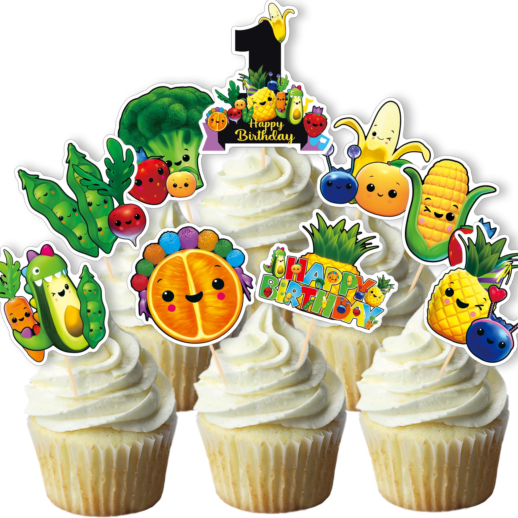 NANAGALI 36Pcs Hey One Bear Birthday Party Cupcake toppers - NO DIY - Dancing Fruit 1st Birthday Party Decoration Supplies,Cute Fruit Cupcake Toppers for Baby Boy|Girl