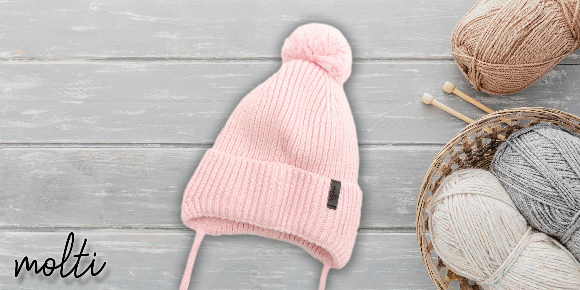 molti Dziecięca czapka zimowa beanie ze 100% wełny merino z podszewką z polaru, czapka z dzianiny z tasiemkami i pomponem, ciepła i miękka, Öko-Tex, rozmiar 46-48, brązowa