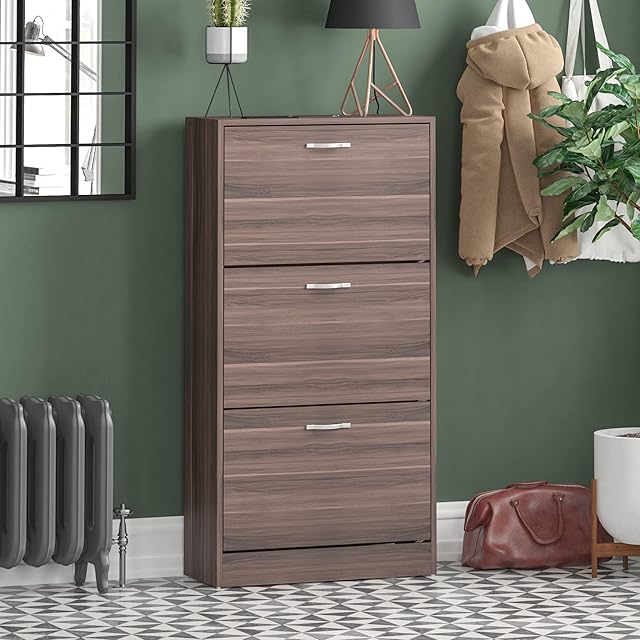 Vida Designs 3 Drawer Shoe Cabinet Cupboard Shoe Storage Organiser Pull Down Wooden Furniture Unit, Walnut