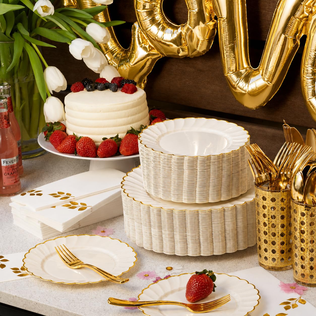Gold Scalloped Disposable Dinnerware Set - 175 Pcs -6 Gold Scalloped Disposable Dinnerware Set - 175 Pcs -6