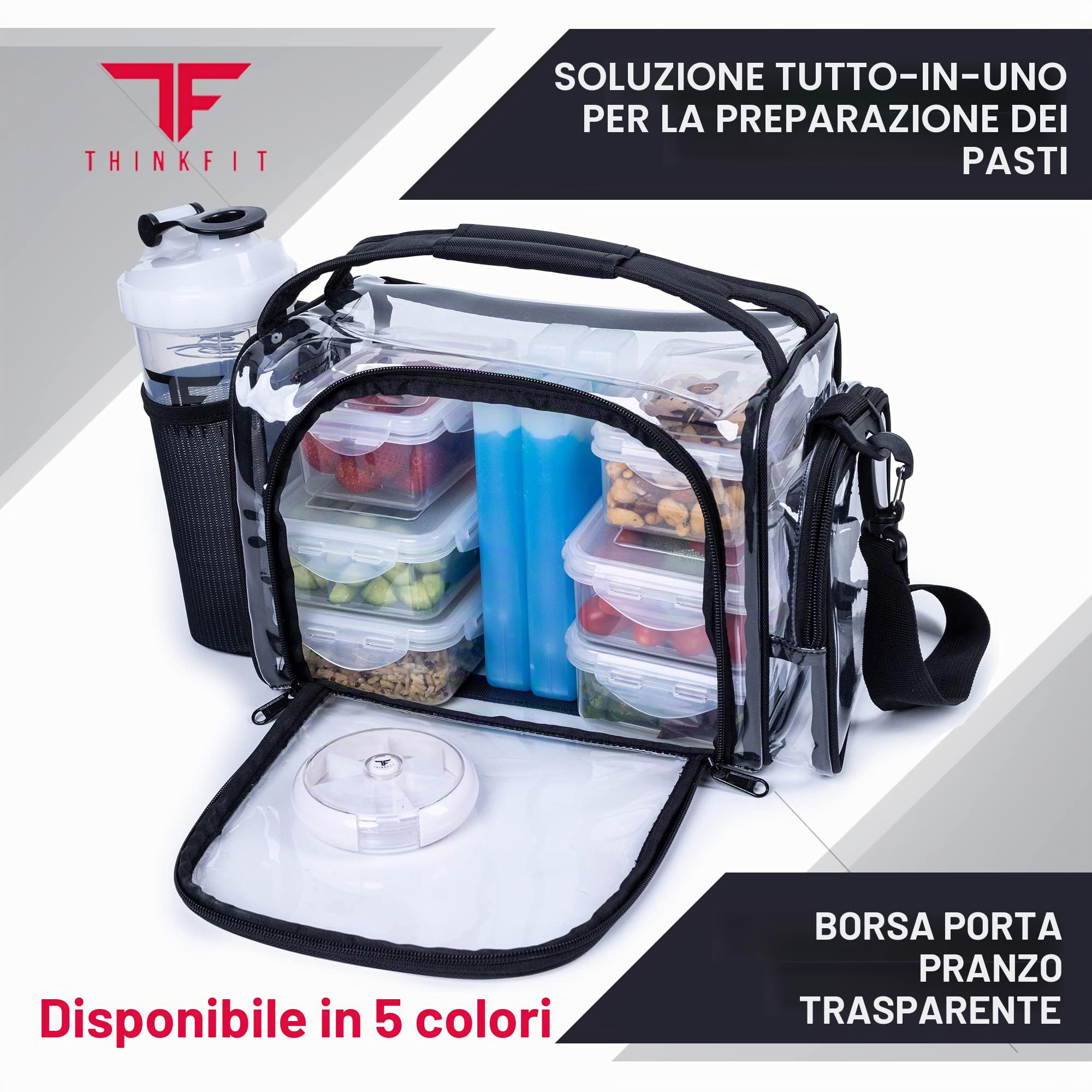 ThinkFit Borsa per il pranzo trasparente con 6 contenitori per la preparazione dei pasti, senza BPA, riutilizzabile, adatta al microonde e al freezer, con shaker e molto altro ancora, trasparente, per