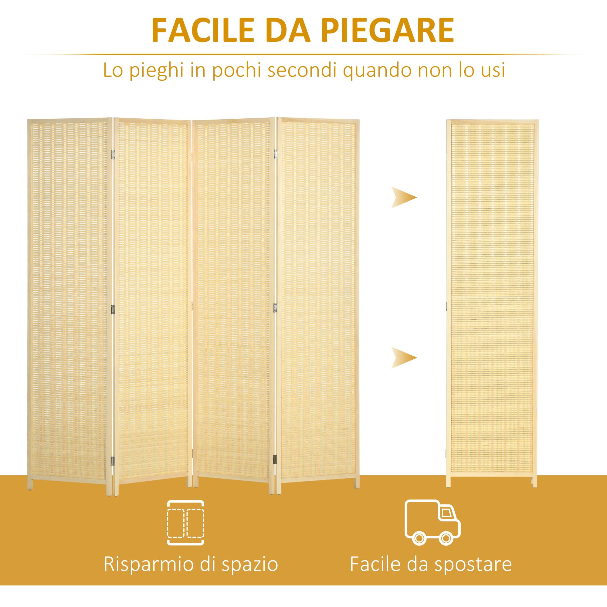 HOMCOM Paravento da Interno a 4 Ante in Legno e Bambù, Separé Divisorio Pieghevole Salvaspazio Altezza 180cm Stile Boho, Colore Naturale