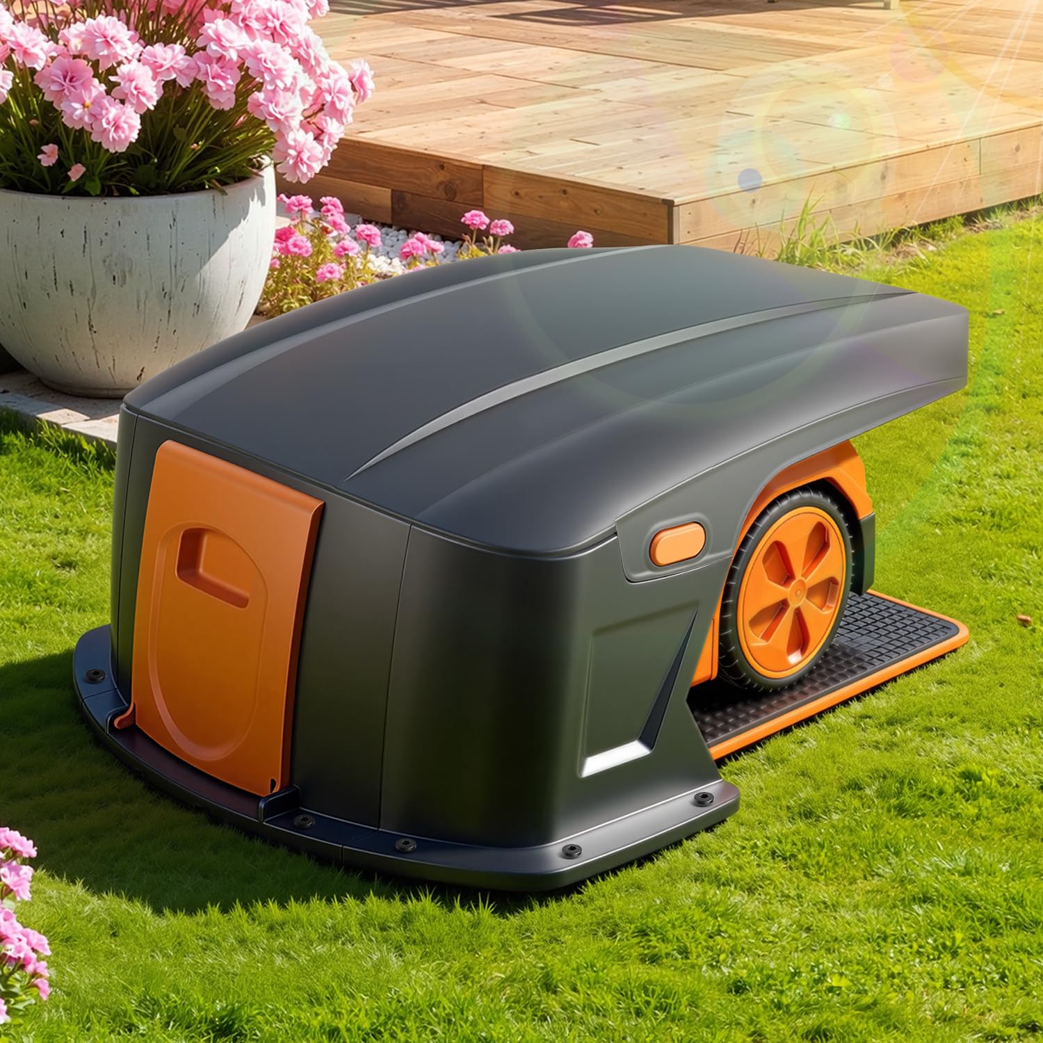 Garaje para robot cortacésped de ABS, 70,5 × 57 × 33 cm, cubierta impermeable para robot de césped y estación de carga, protección UV y lluvia, universal, incluye material de montaje