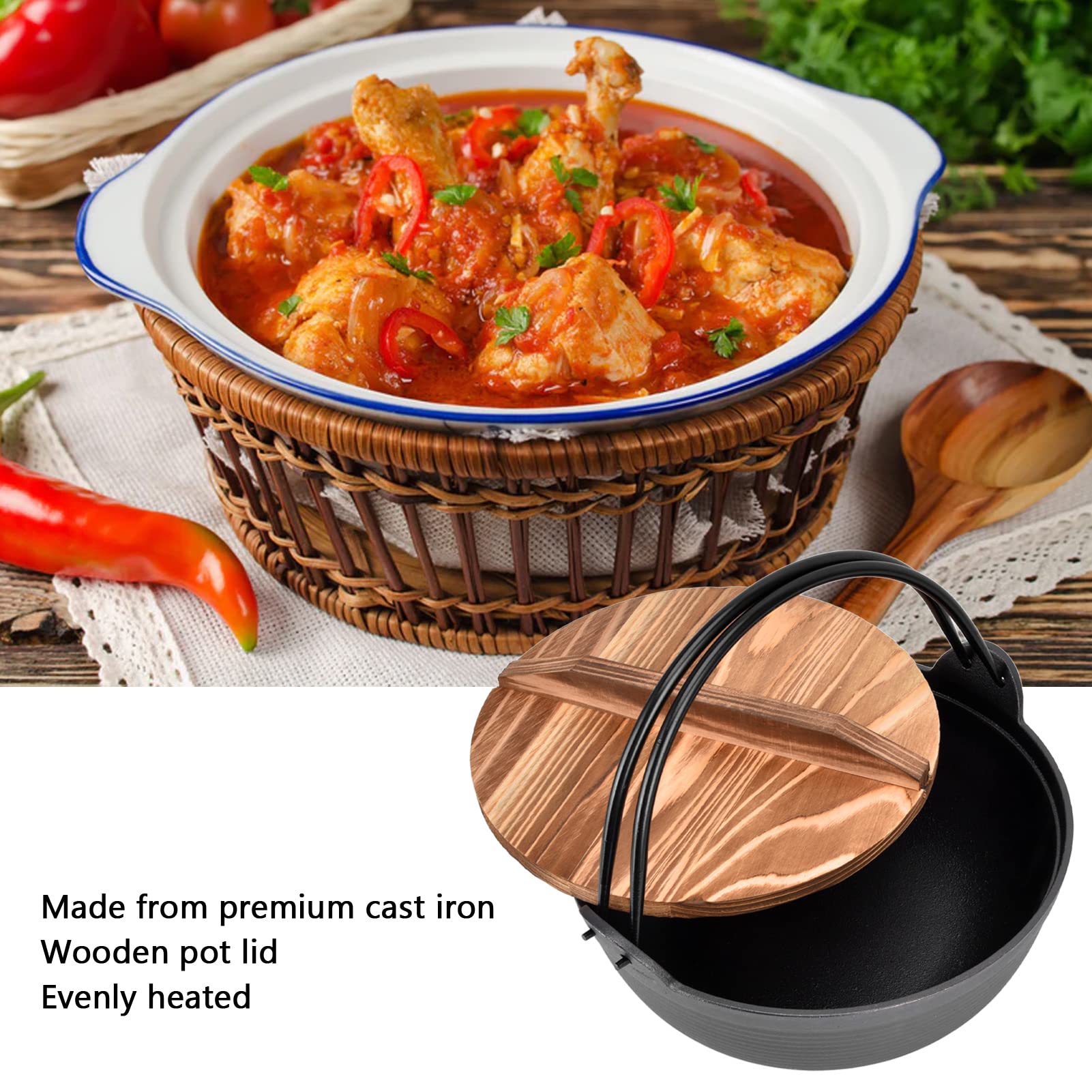 Ejoyous Sukiyaki-Topf, Gusseisentopf, 24,9 Cm, mit Holzdeckel, Japanischer Nabe-Topf für Nudeln, Shabu Shabu und Eintöpfe, Gleichmäßige Erwärmung, Antihaftbeschichtete Oberfläche für den Heim- und