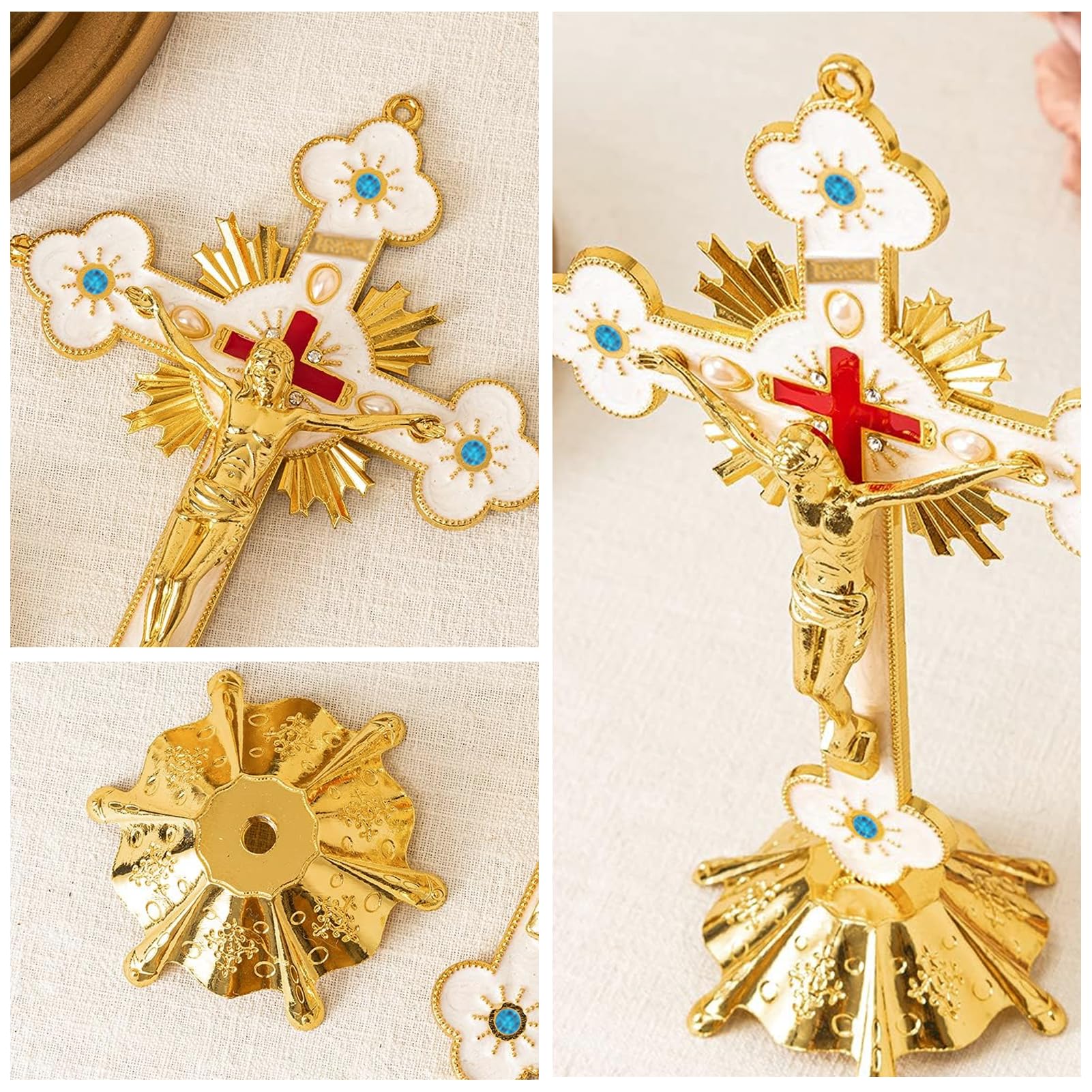 Syfunlv Figura de Estatua de Cruz, Cruz de Metal, crucifijo de Jesucristo, 13 x 8 x 21 cm, de pie con Base de aleación, crucifijo para decoración de Mesa, oraciones de Cristo