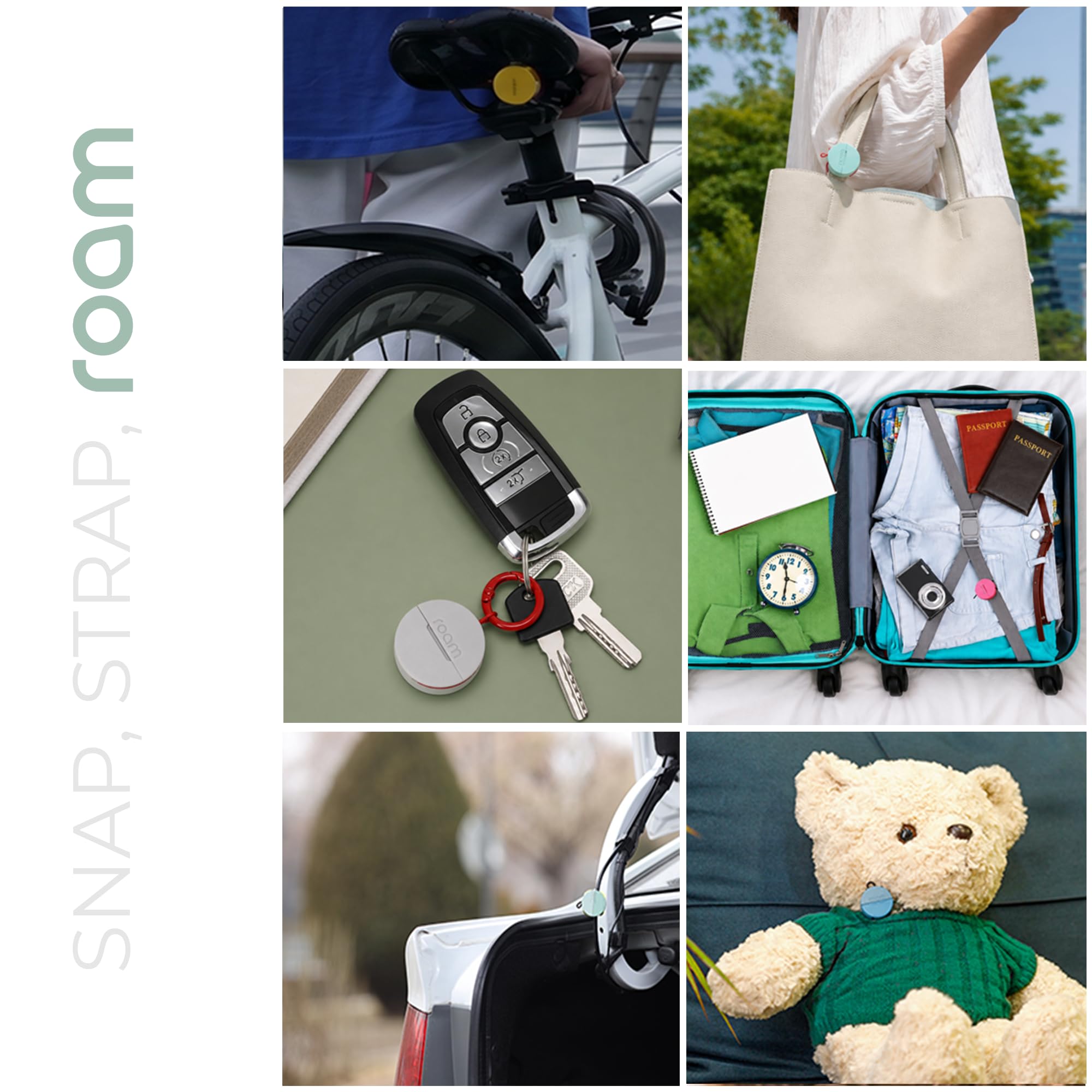 Roam Smart Tracker, Funziona con Android e iPhone, tiene traccia delle chiavi, borse, biciclette e altro ancora, batteria sostituibile di 1 anno, resistente all'acqua e alla polvere, cinturino e cavo