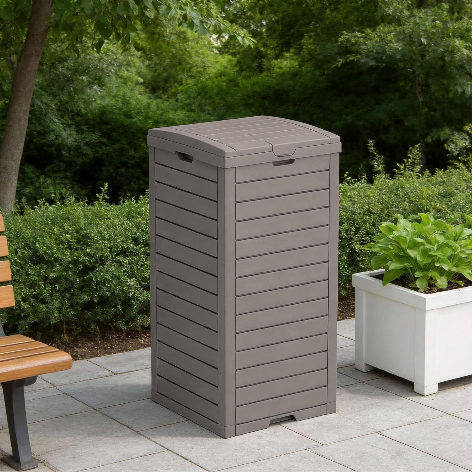 38 Gallon Outdoor Trash Can with lid,Waterproof,UV-Resistant Resin Garbage Can,Lockable Lid and Drip Tray,Trash Bin for Patio,Kitchen, Backyard and Deck(Grey)