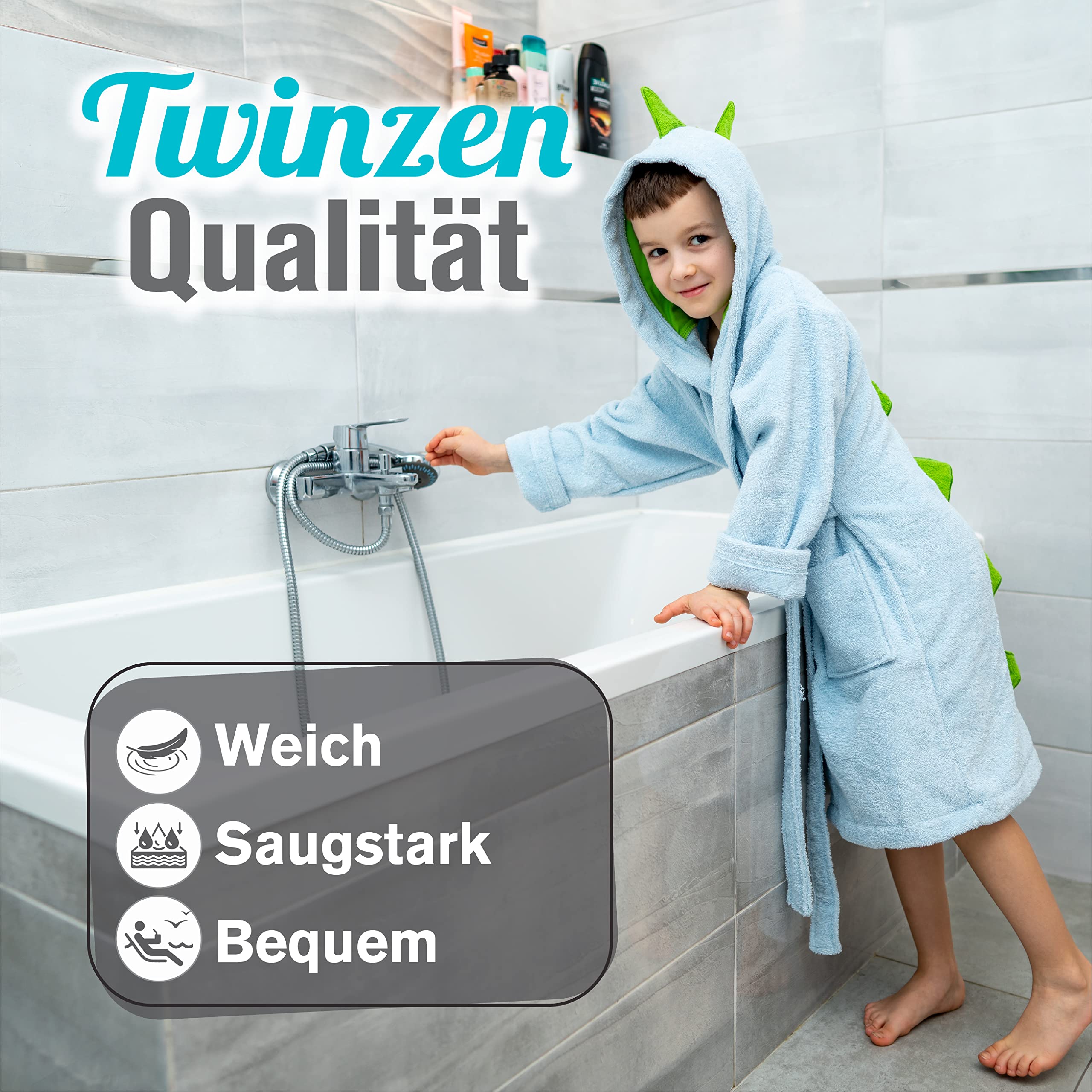 Twinzen Kinderbademantel Dinosaurier Junge und Mädchen - 100% Baumwolle OEKO-TEX®
