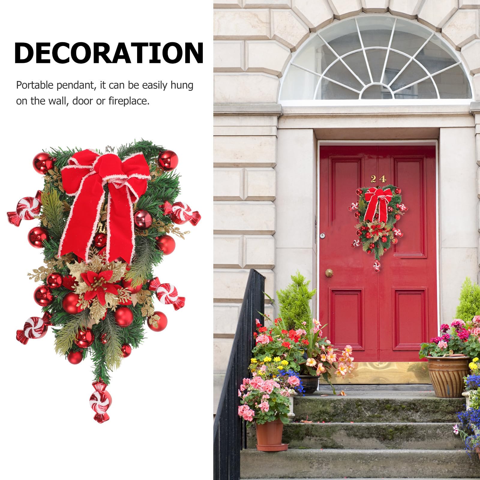 Mikikit Guirnalda Navideña Colgante en Forma de Lágrima Lazo para Decoración de Puerta y Barandilla, Diseño Único de PE para Ambiente Navideño Auténtico