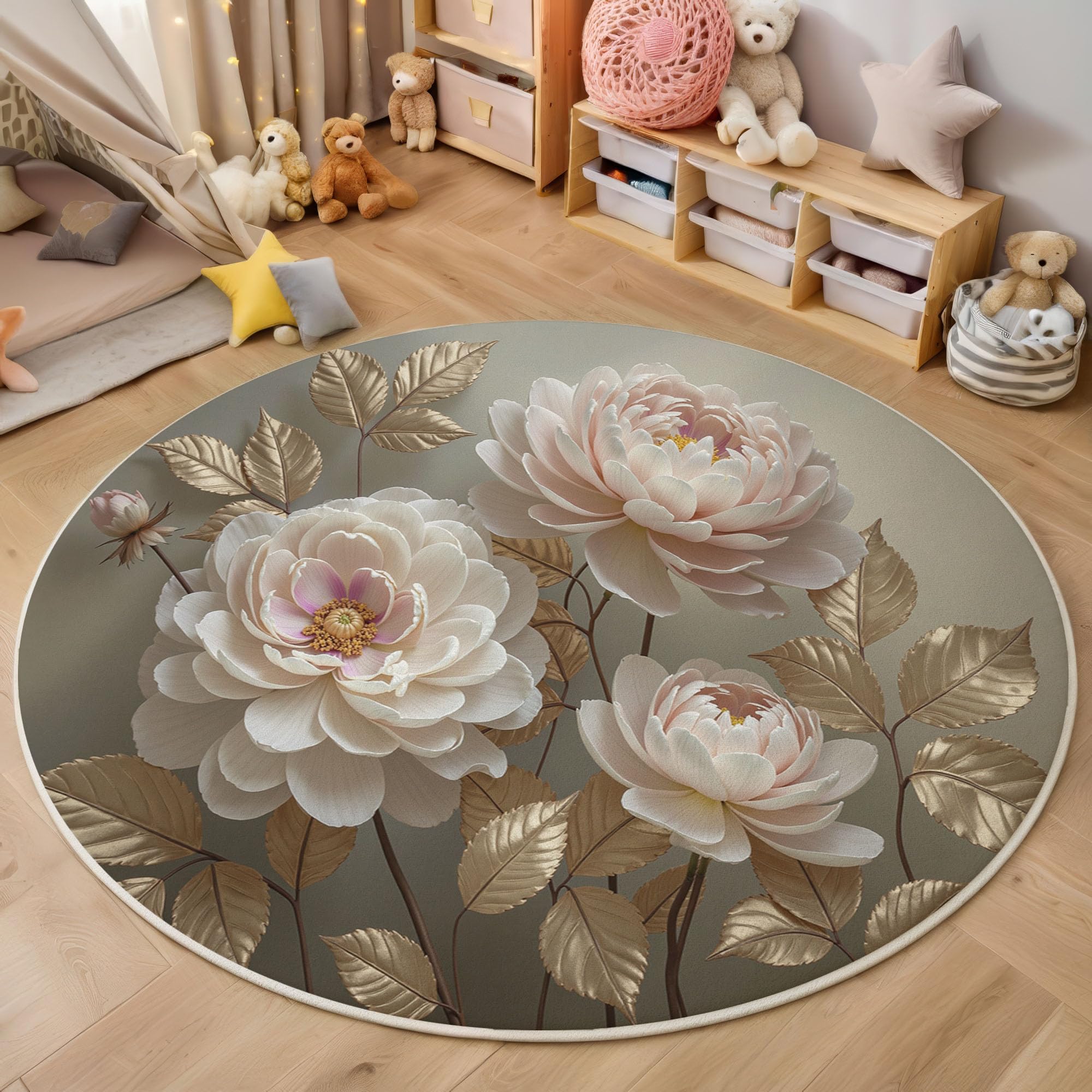 Tapis de Salon Rond à Poils Courts Ø 100 cm Tapis de Sol Décoration Luxe Métallique Floral Doux Descente de Lit Fleurs Roses Et Blanches Feuille Dorée Antidérapant pour Chambre, Rose Clair