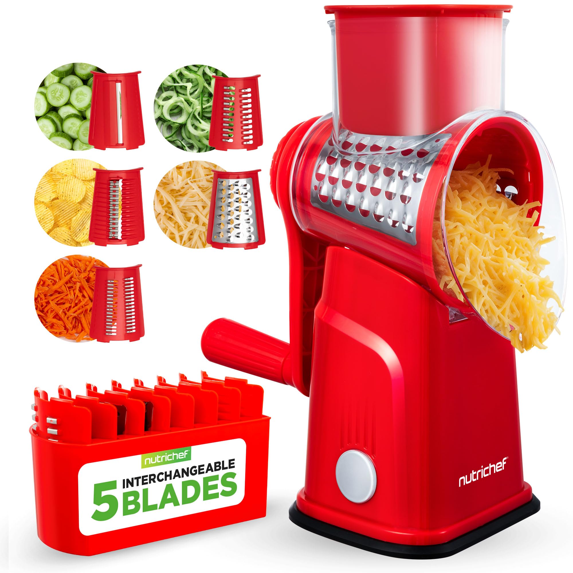 NutriChef Rotary Cheese Grater 5 in 1 – Manual Vegetable Slicer and Cheese Shredder with 5 Interchangeable Blades and Storage Container, Strong Suction Base, Red, 9.45"
