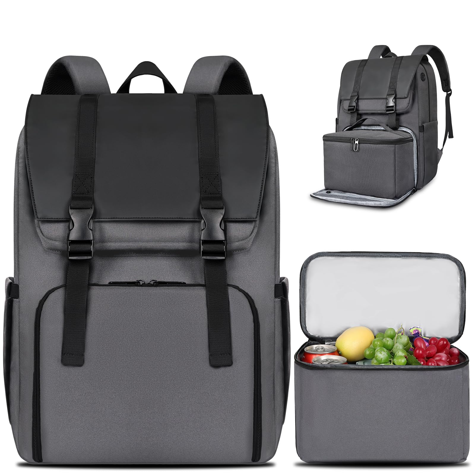 BERTASCHE Zaino Lunch Laptop 15,6 Pollici con Borsa Termica Isolata per Uomo e Donna, Zaino da Lavoro 2 in 1 per Università, Affari, Pendolari, Viaggi, Grigio
