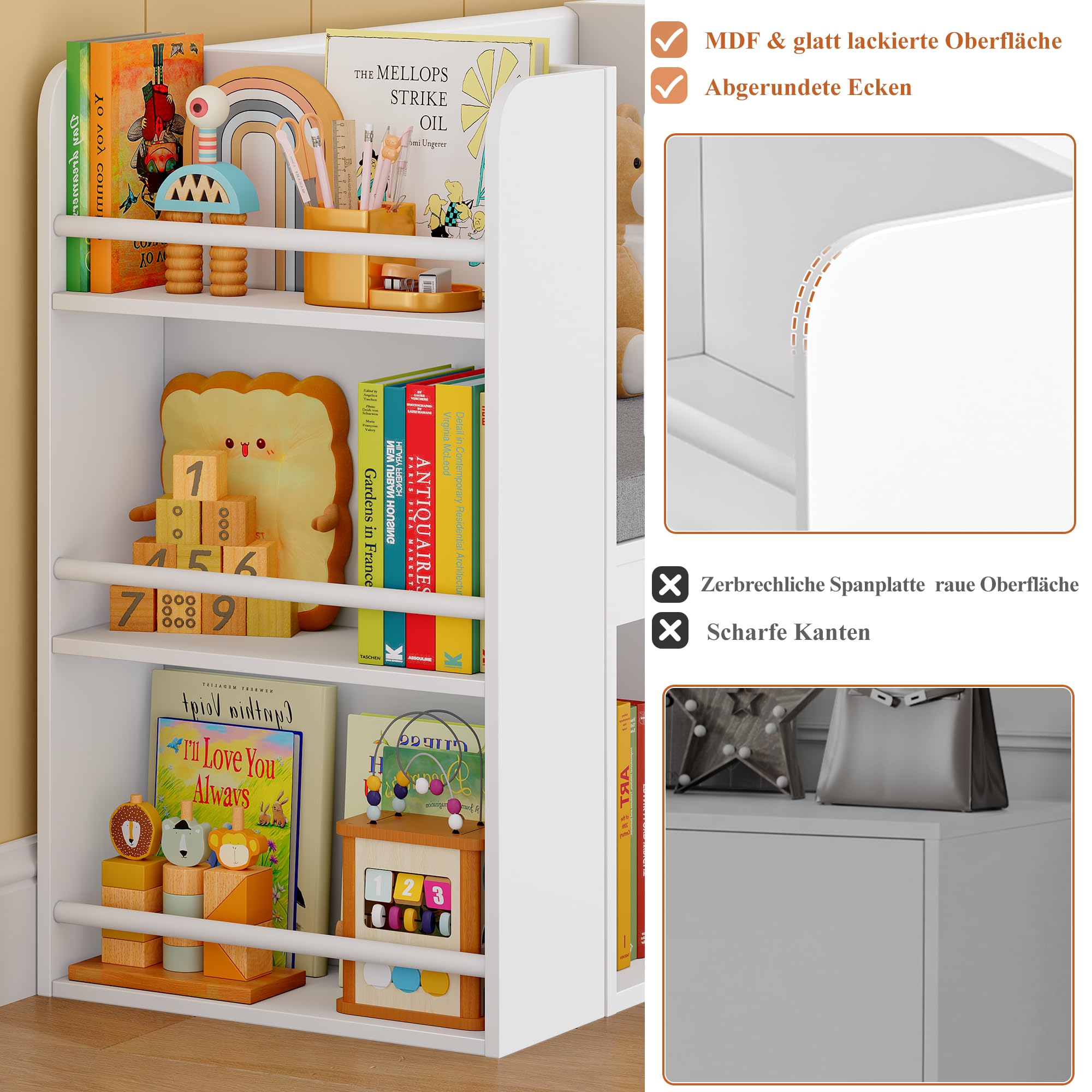 HOCSOK Kinderregal, Bücherregal Kinder mit Boxen auf Rollen, Spielzeugregal Kinderregal Aufbewahrung mit Sitzbank, Regal Kinderzimmer Weiß, 68×34×125 cm