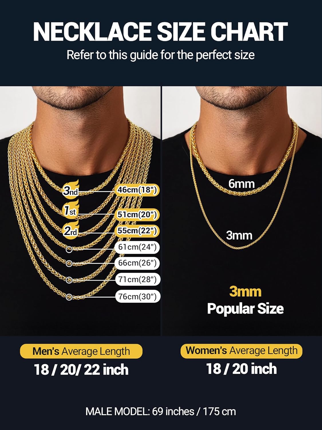 PROSTEEL 3mm/6mm Rope Chain Necklace for Men, Black/Gold Plated Mens Chain Necklace, Stainless Steel Necklace Chain for Men Women, 18"-30", Come with Box